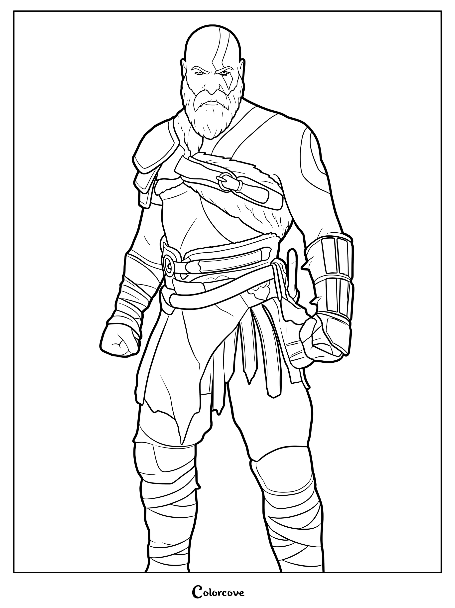Coloriage en line art du Skin Fortnite Kratos debout en armure détaillée avec un tatouage facial