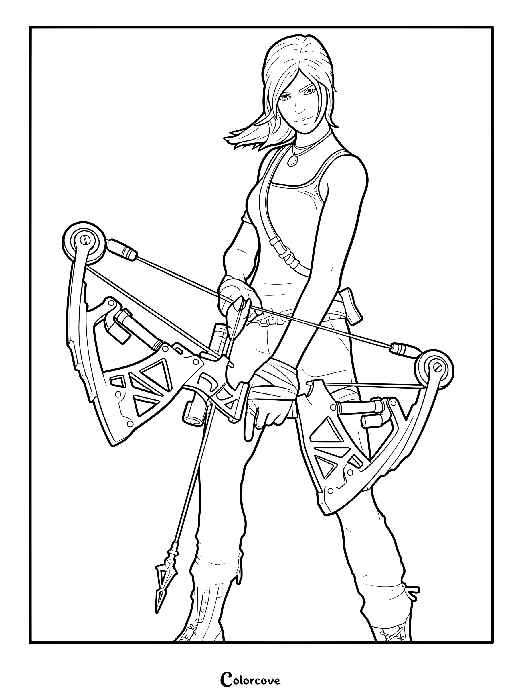 Coloriage du Skin Fortnite Lara Croft tenant un arc à poulies