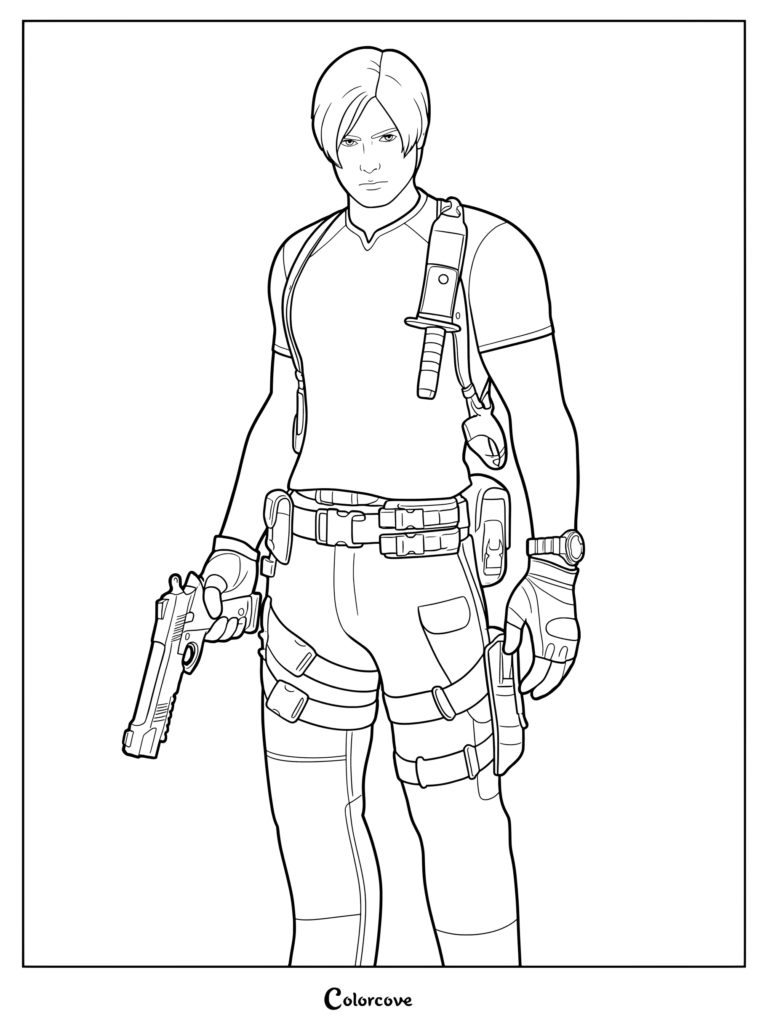 Coloriage du skin Fortnite Leon S. Kennedy présentant le personnage tenant un pistolet et portant un équipement tactique