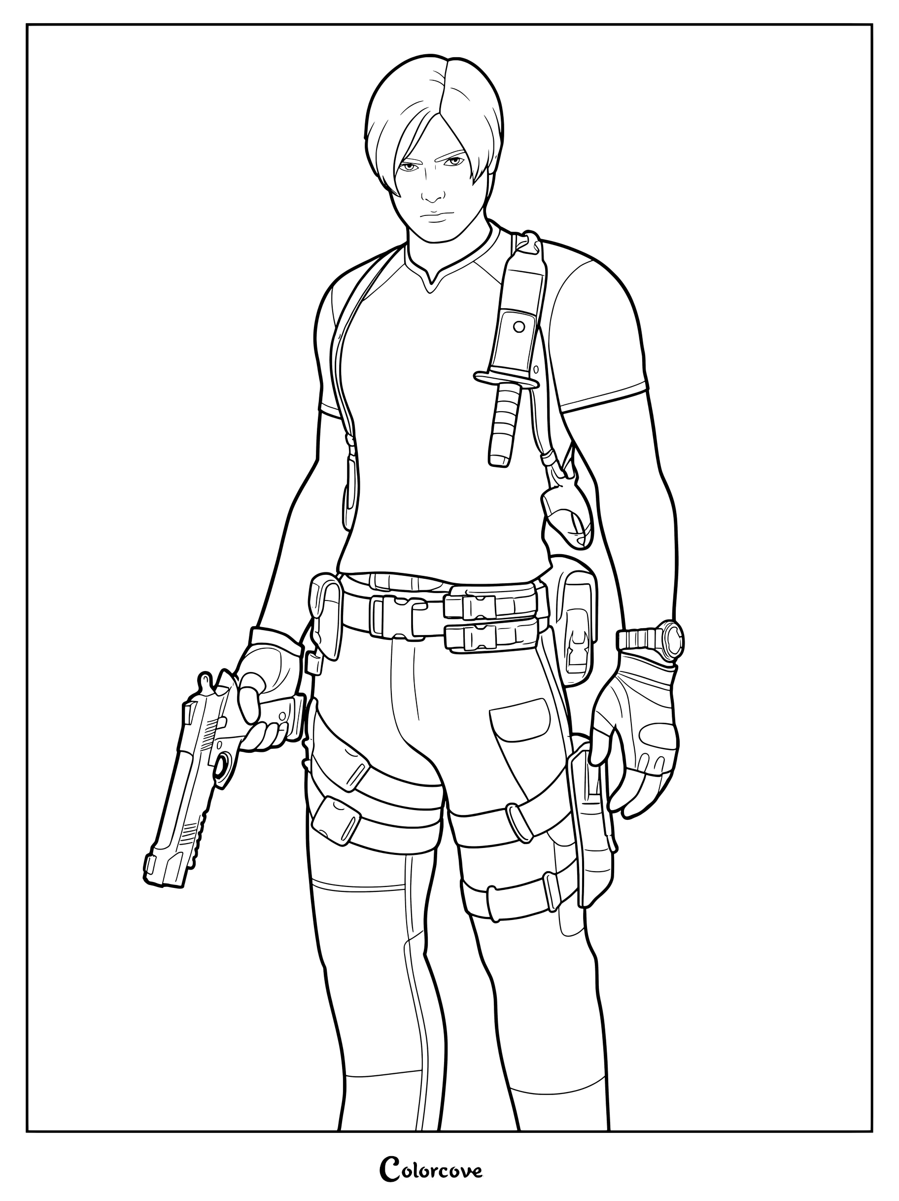 Coloriage du Skin Fortnite Leon S. Kennedy tenant un pistolet et portant un équipement tactique