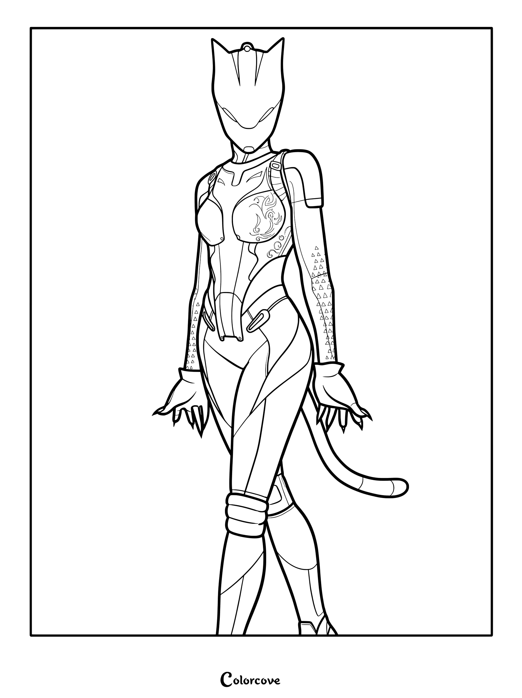 Coloriage à imprimer du Skin Fortnite Lynx avec une armure détaillée et un casque à oreilles de chat