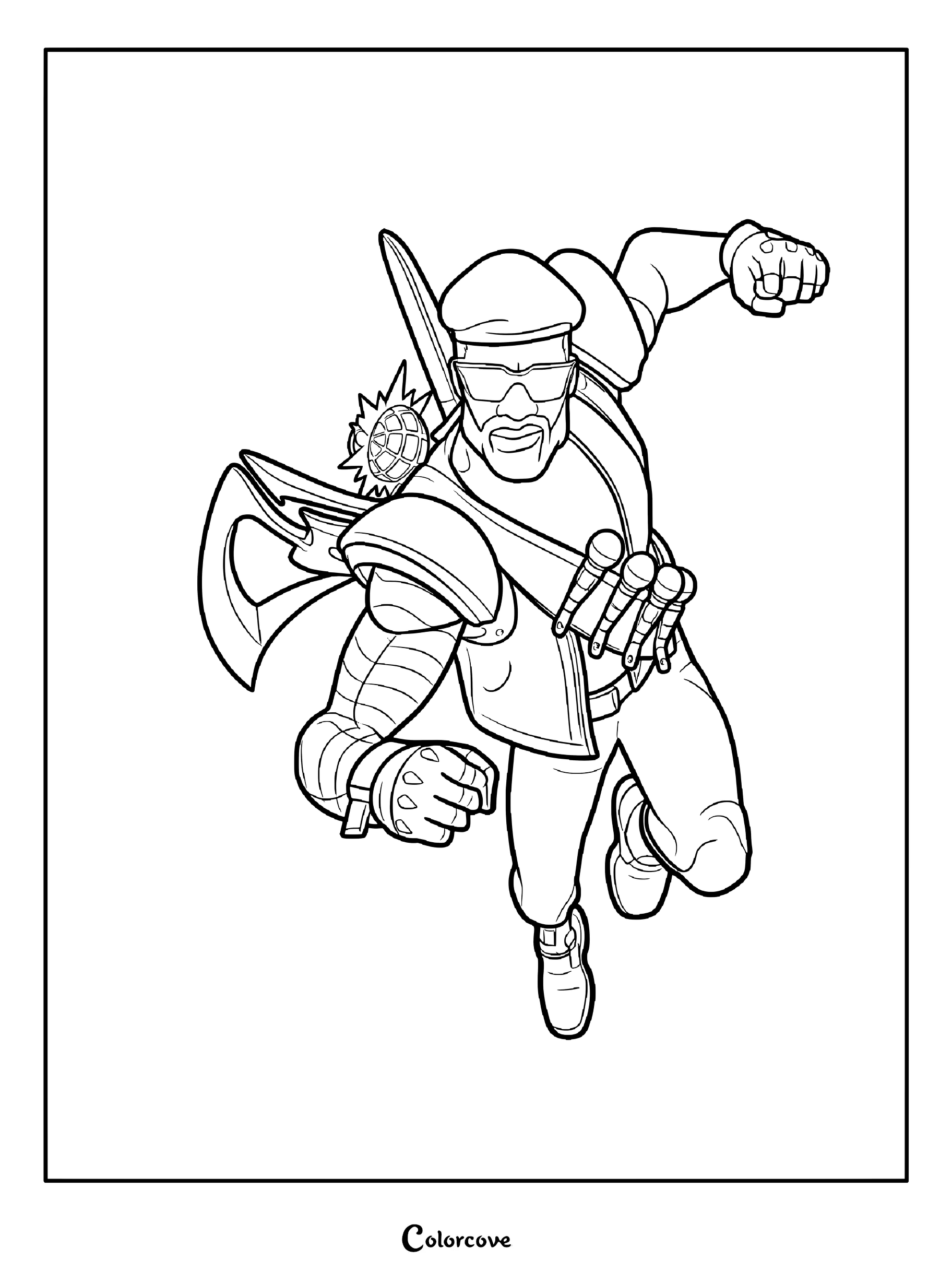 Coloriage du Skin Fortnite Major Lazer avec le personnage portant des lunettes de soleil et un béret tout en courant avec des armes
