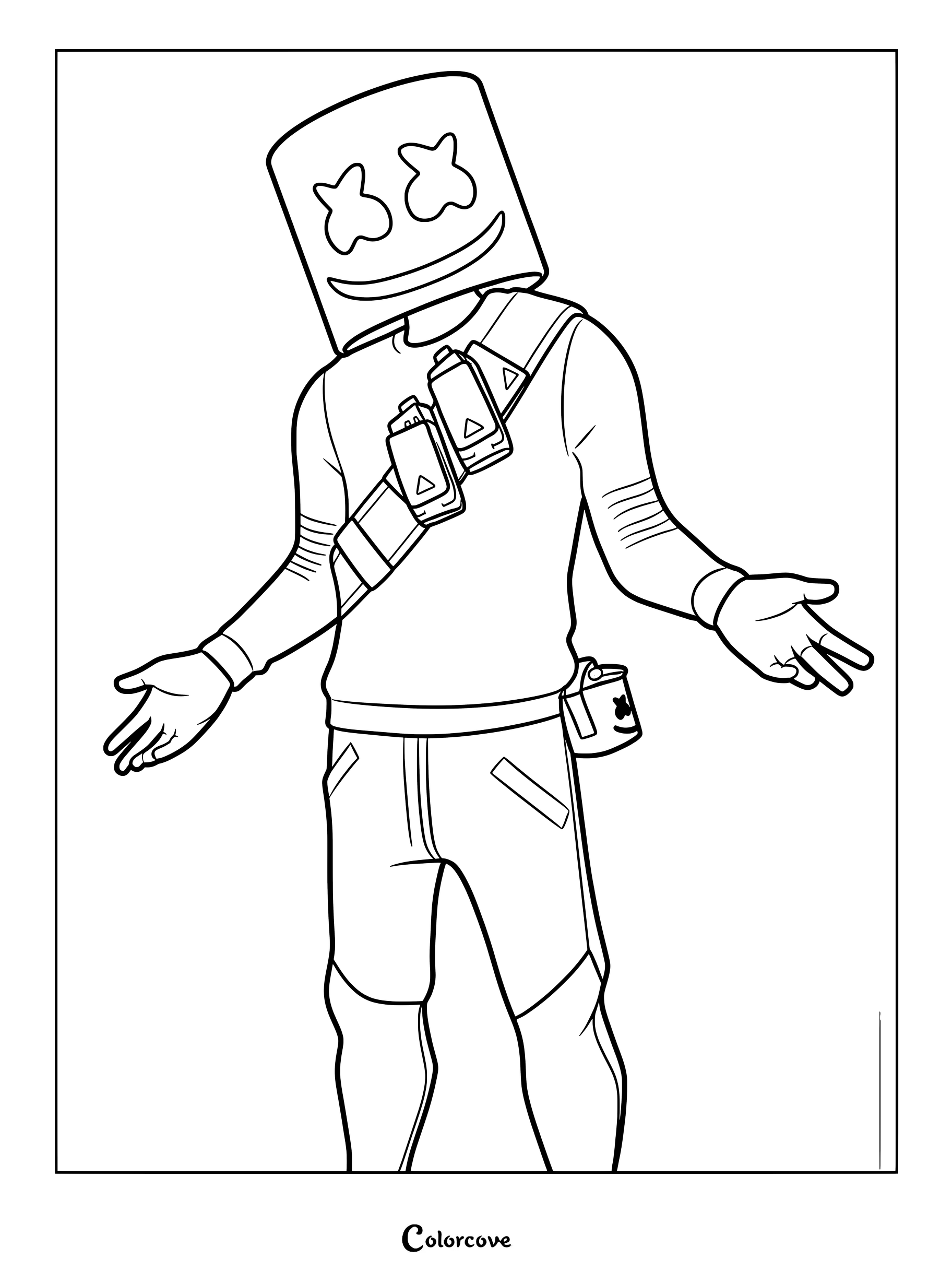 Coloriage à imprimer de Marshmello de Fortnite portant une tenue à sangles et son casque emblématique.