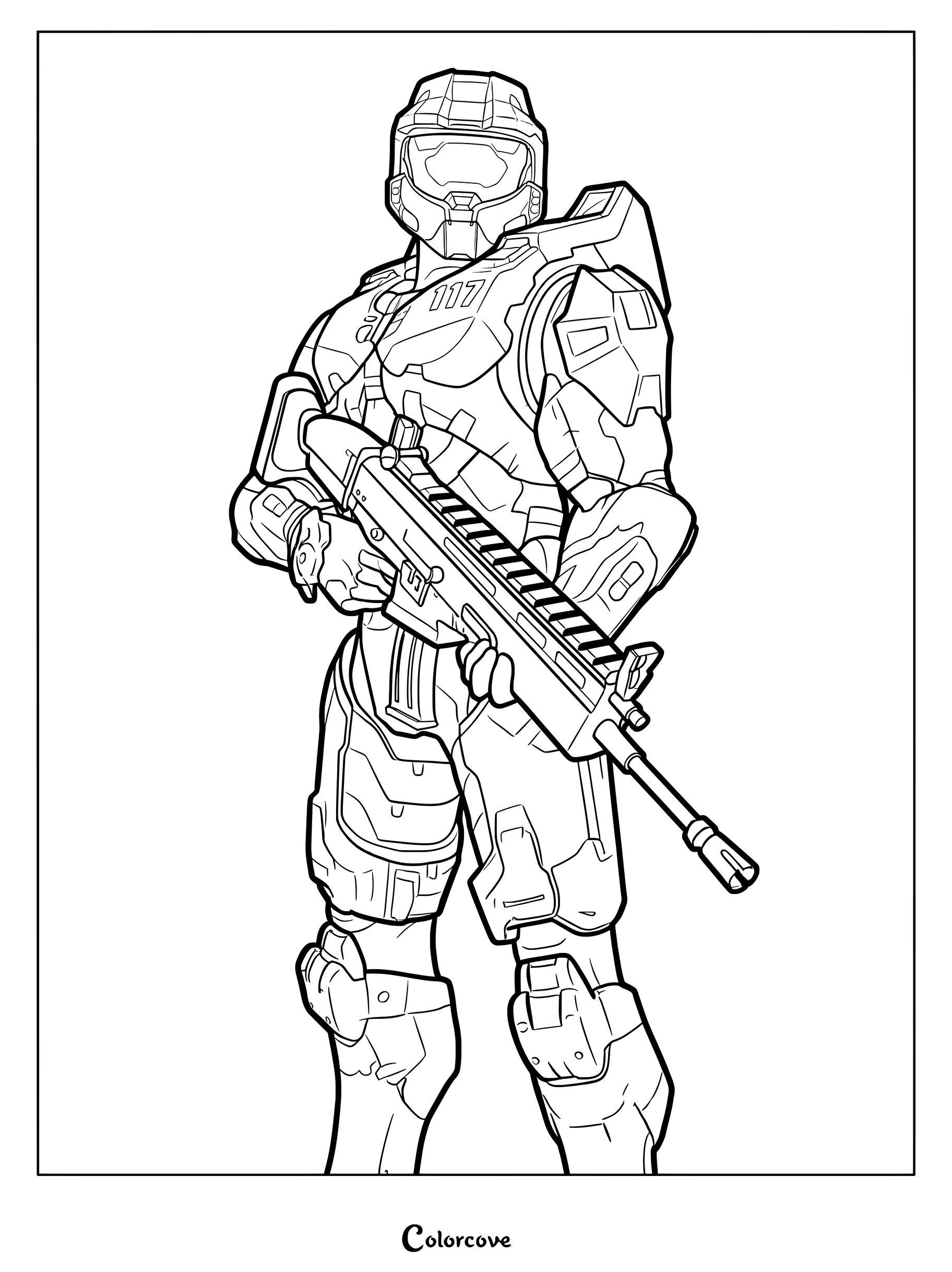 Coloriage du skin Fortnite Master Chief avec une armure Spartan et un fusil d'assaut