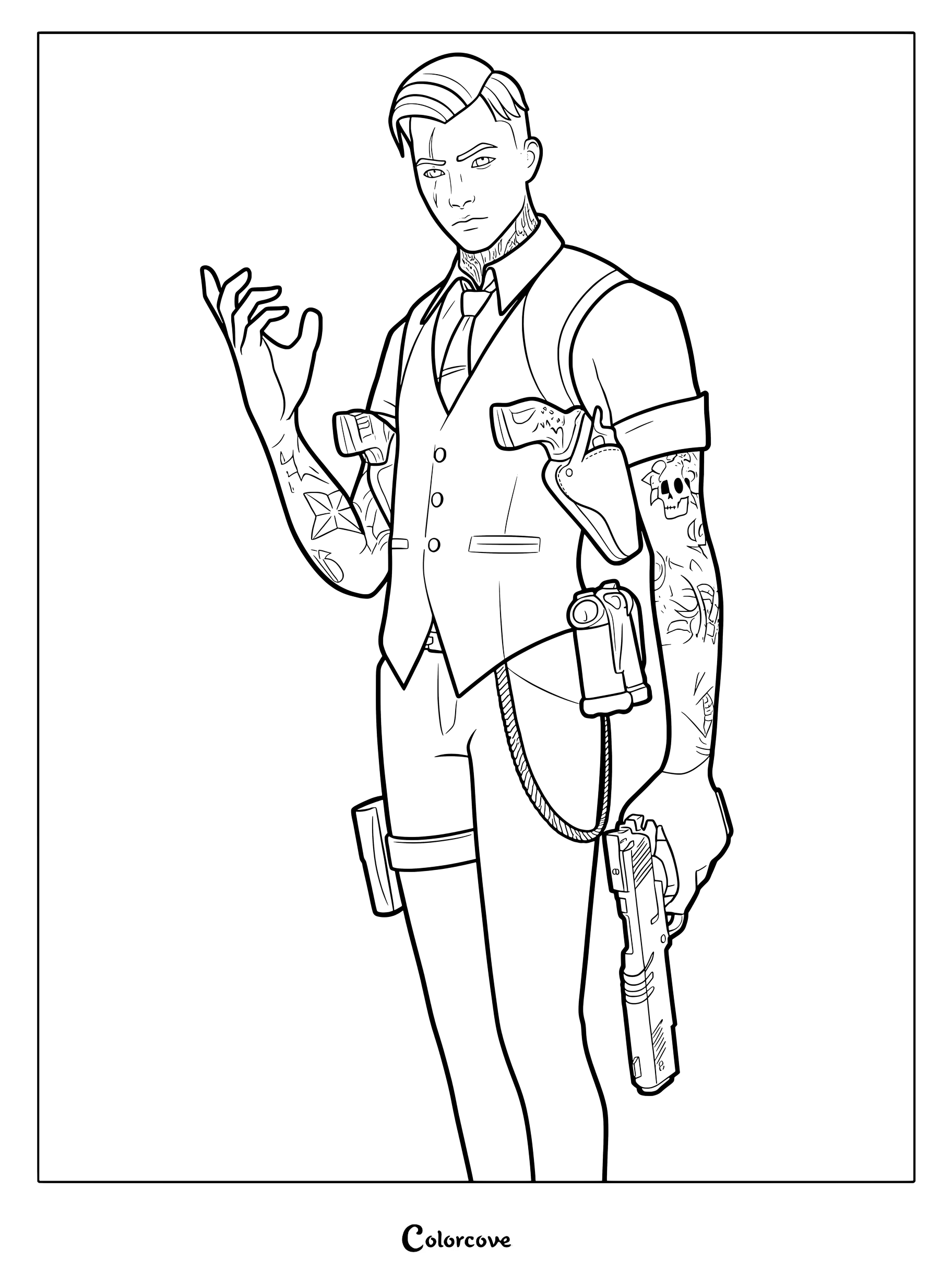 Coloriage à imprimer de Midas de Fortnite avec des tatouages et des pistolets