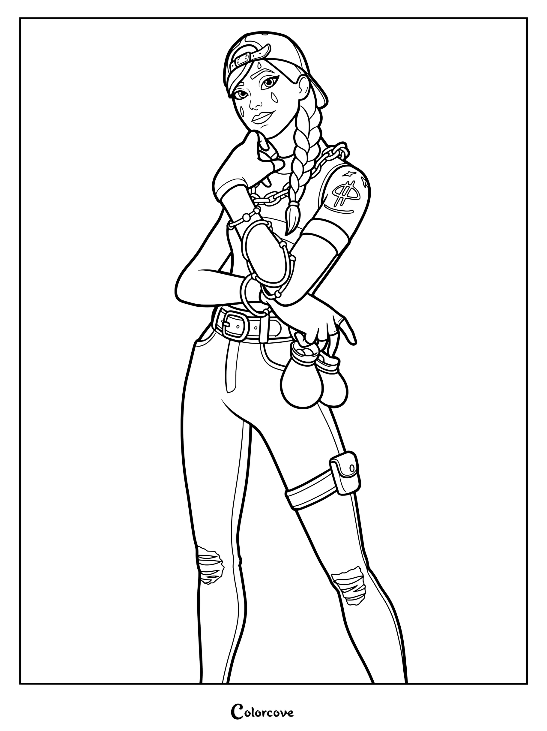 Coloriage du personnage Fortnite Aura avec ses cheveux tressés et sa casquette.