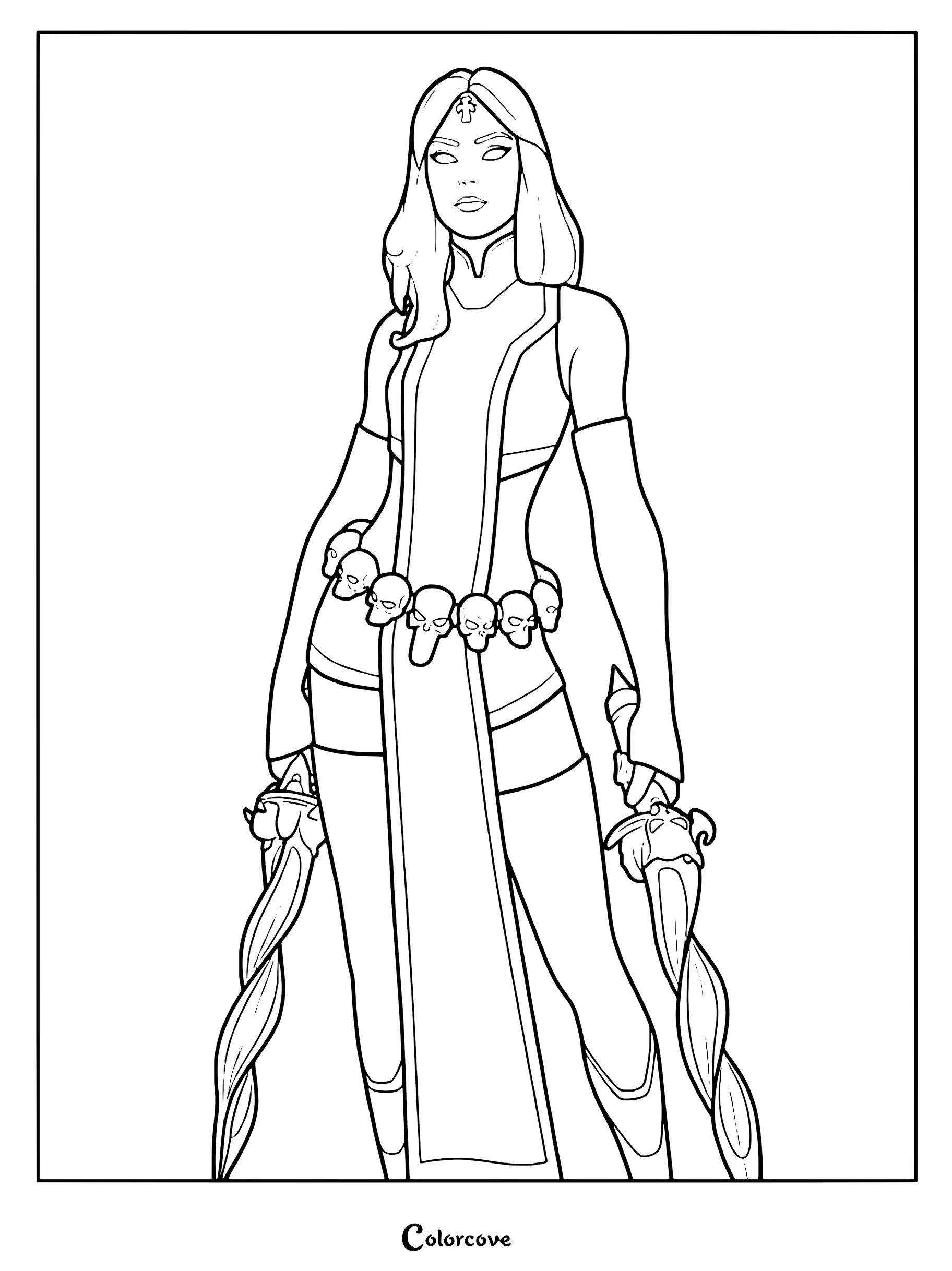 Coloriage du skin Fortnite Mystique représentant le personnage tenant deux dagues courbées et portant une ceinture à crânes