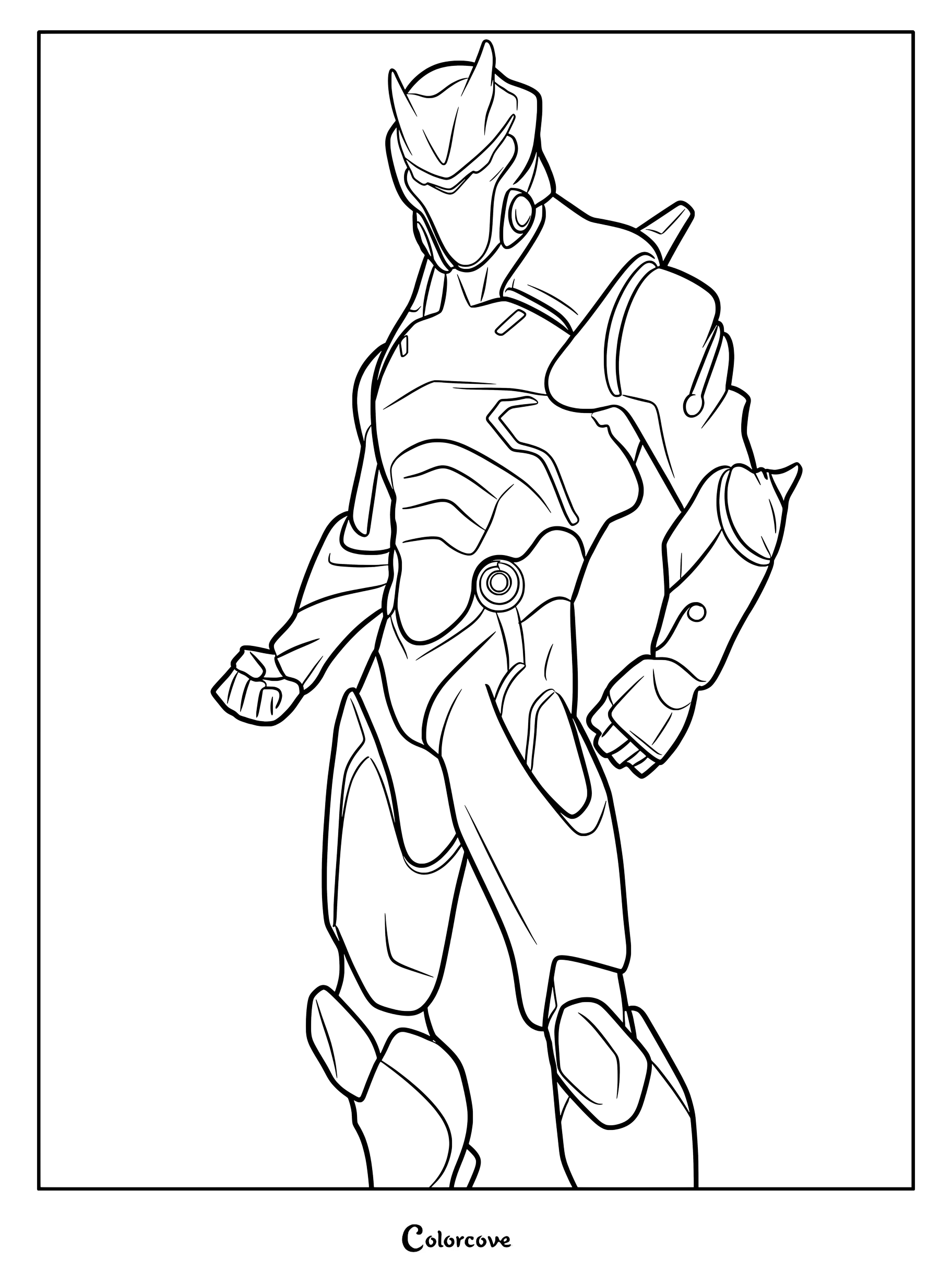 Coloriage du Skin Fortnite Oméga présentant le personnage en armure dans une posture puissante.