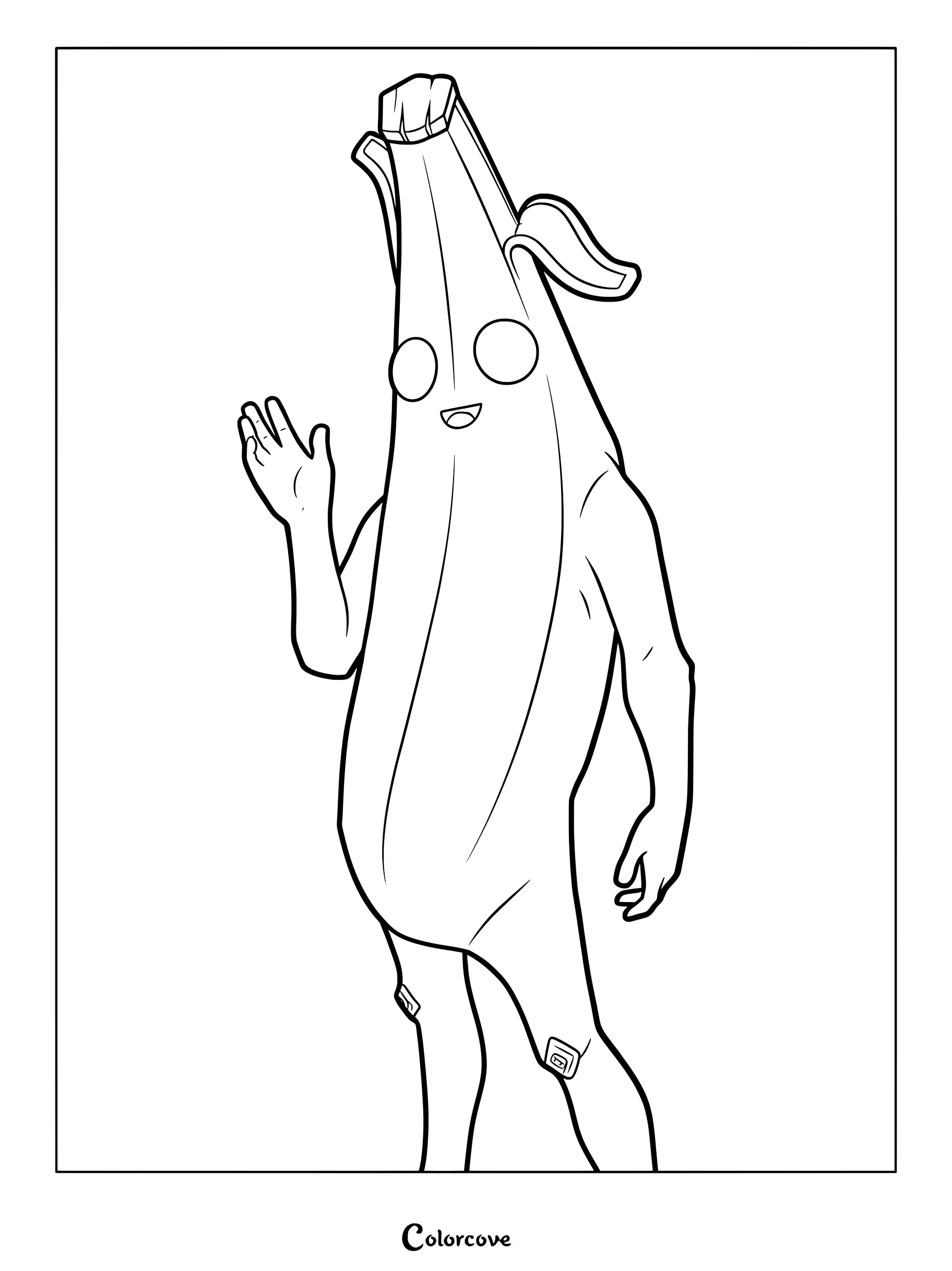 Coloriage à imprimer du Skin Fortnite Banane avec le personnage amical de banane faisant un signe de la main.