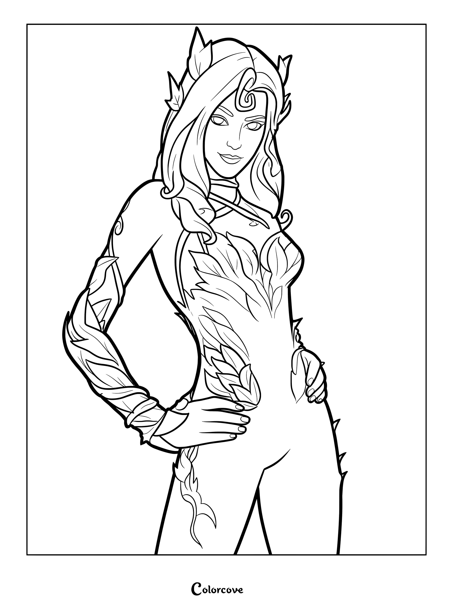 Coloriage du skin Fortnite Poison Ivy avec une couronne de feuilles et des détails de lianes