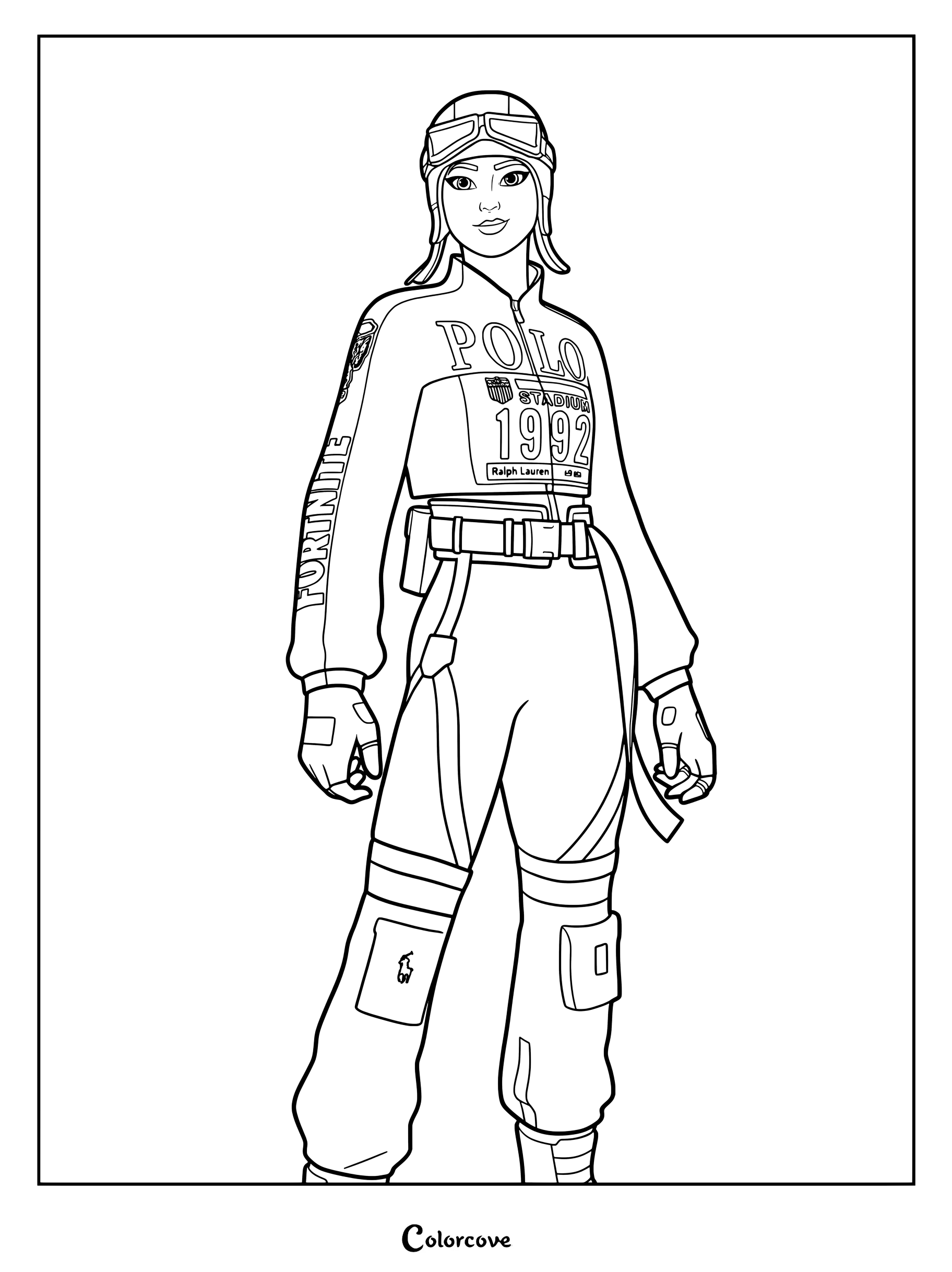 Coloriage du Skin Fortnite Prodigie du Polo portant une tenue Polo Stadium 1992 et des lunettes d'aviateur
