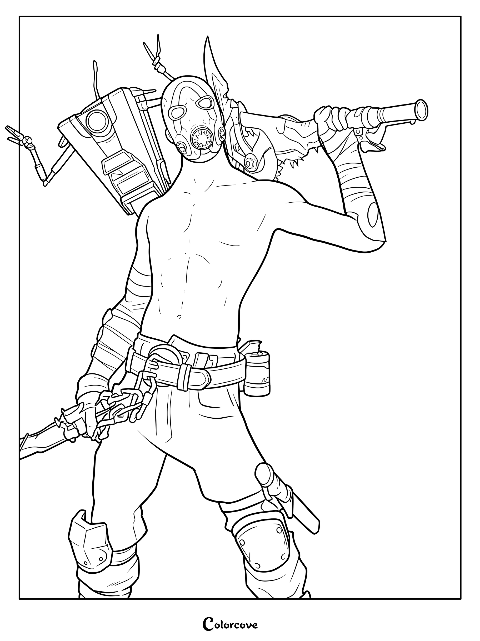 Coloriage du Skin Fortnite Psycho Bandit montrant le personnage tenant une arme avec un accessoire de dos Claptrap