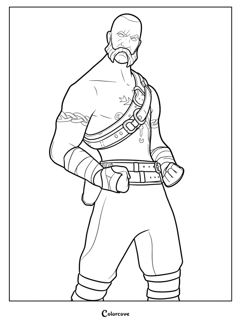 Coloriage à imprimer de Ragnarok de Fortnite avec sa barbe tressée emblématique et son armure de torse à sangles