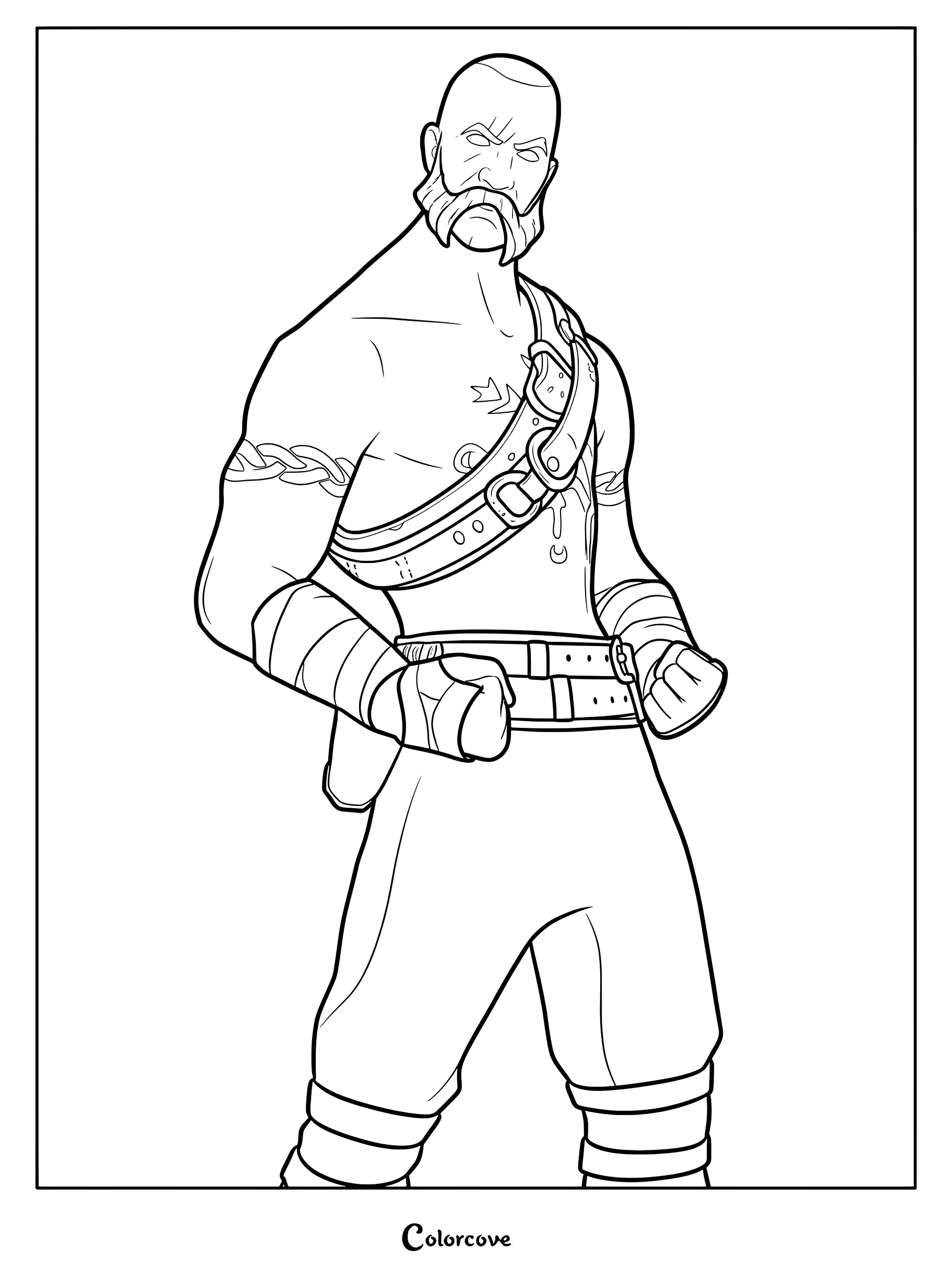 Coloriage à imprimer de Ragnarok de Fortnite avec sa barbe tressée emblématique et son armure de torse à sangles