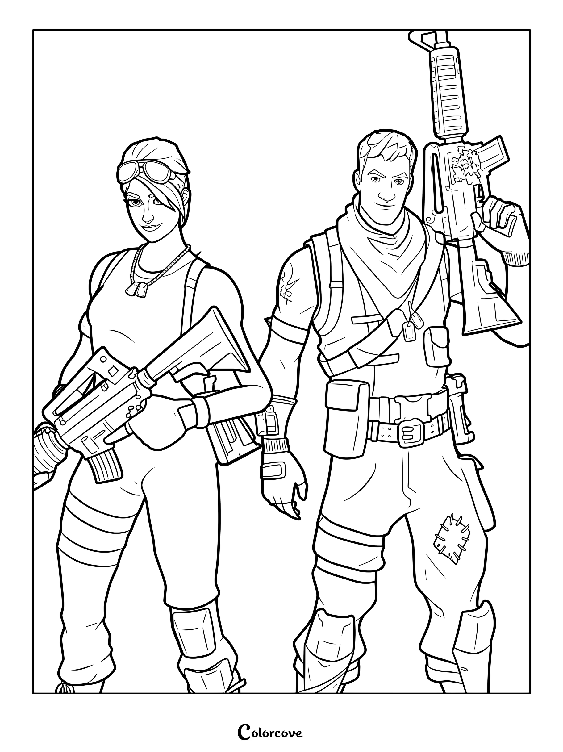 Ramirez et Jonesy tenant des fusils d'assaut dans un coloriage gratuit à imprimer
