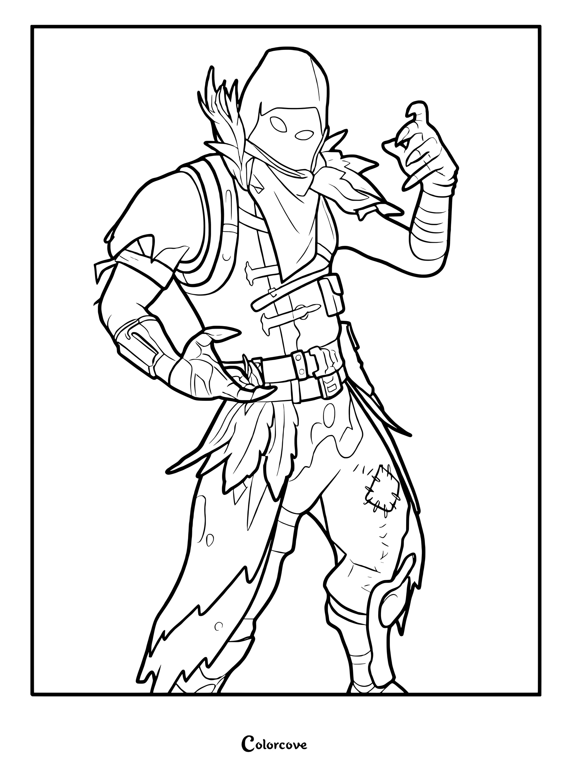 Coloriage du personnage du Skin Fortnite Corbeau dans une tenue à capuche.