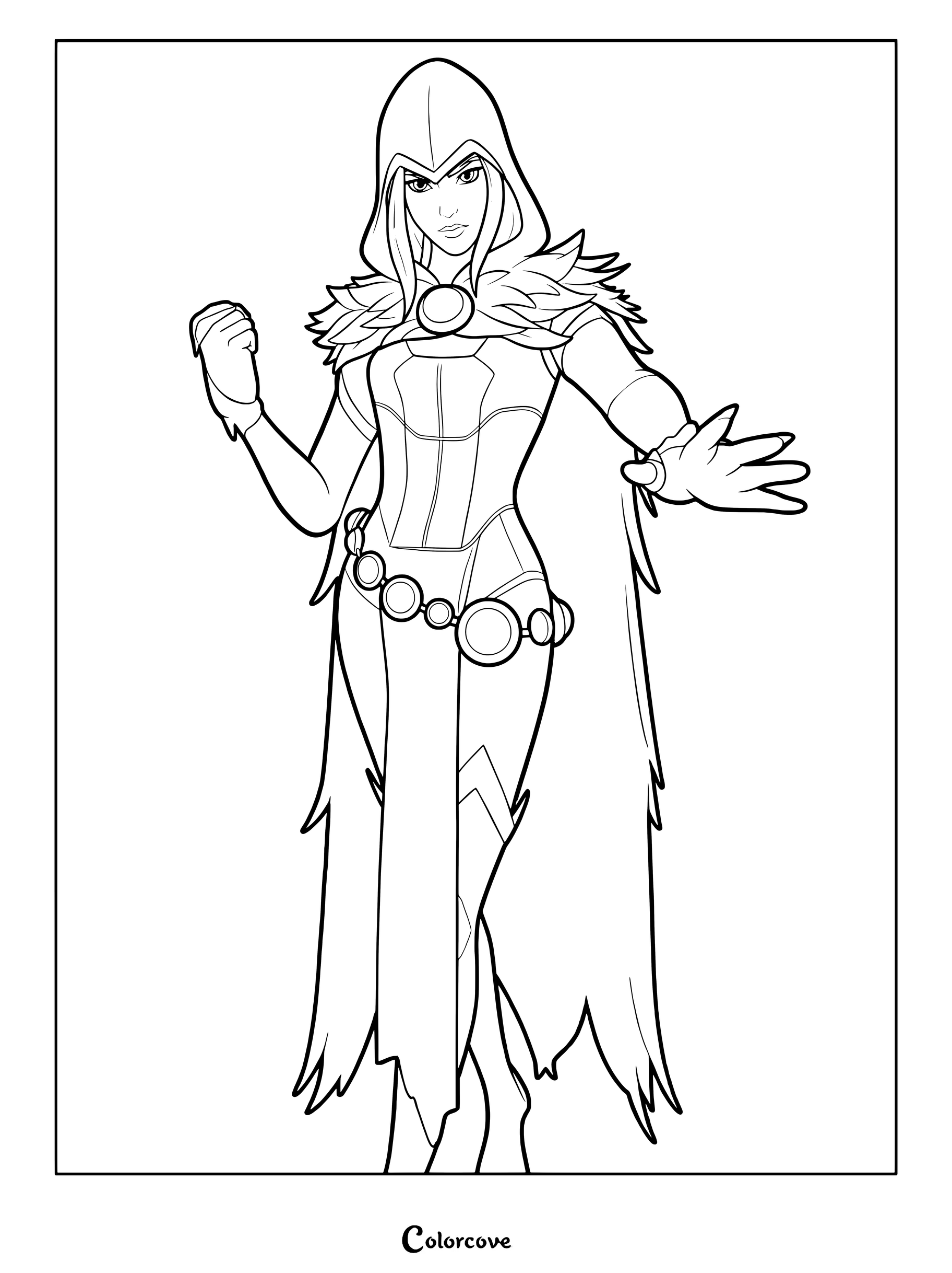 Coloriage à imprimer de Corbeau renaissant de Fortnite portant sa cape à capuche ornée de plumes.