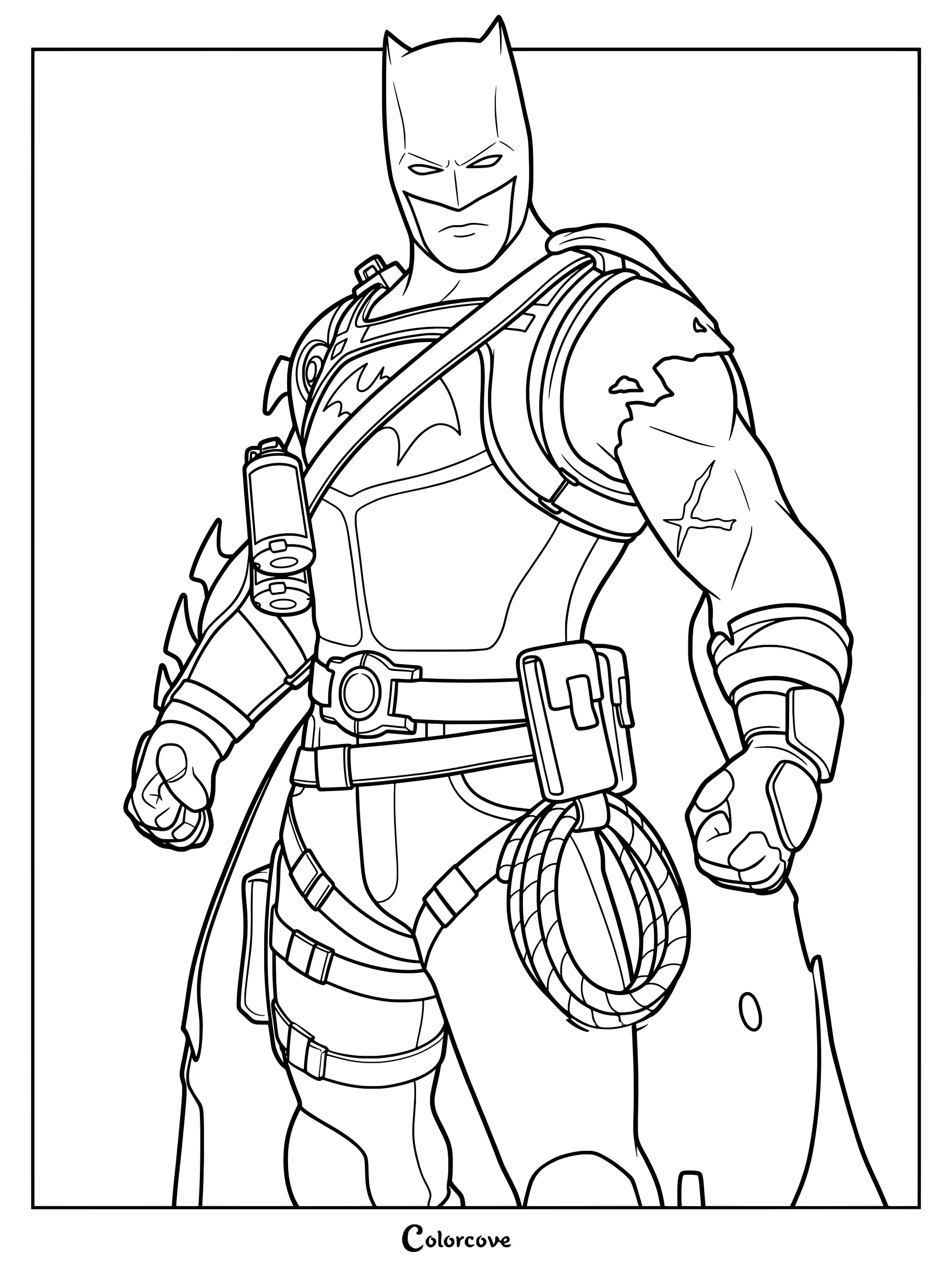 Coloriage de Batman Zéro avec le super-héros en armure muni de sangles tactiques et d'une corde