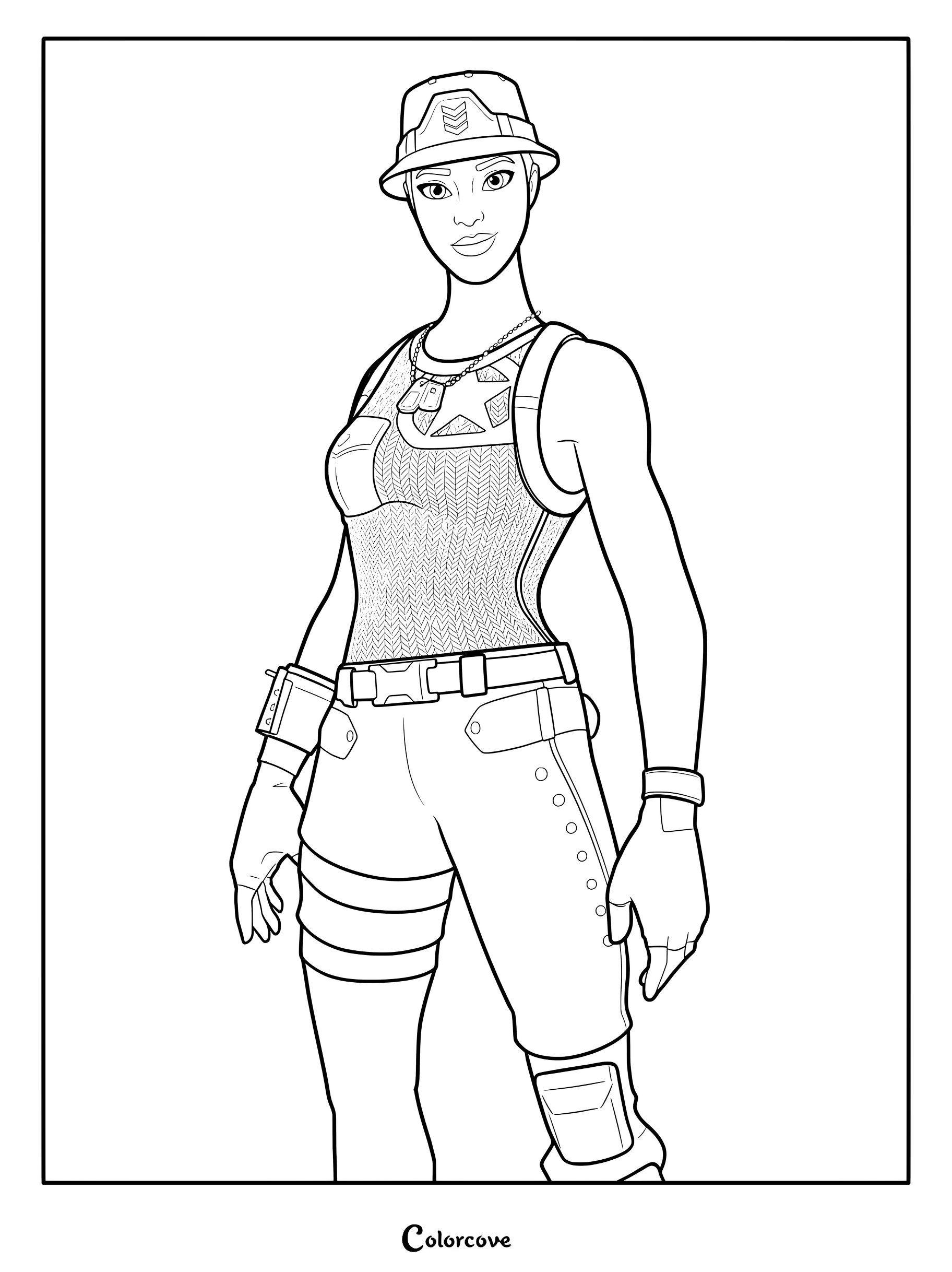 Coloriage à imprimer du Skin Fortnite Expert des opérations portant un bob et une tenue tactique