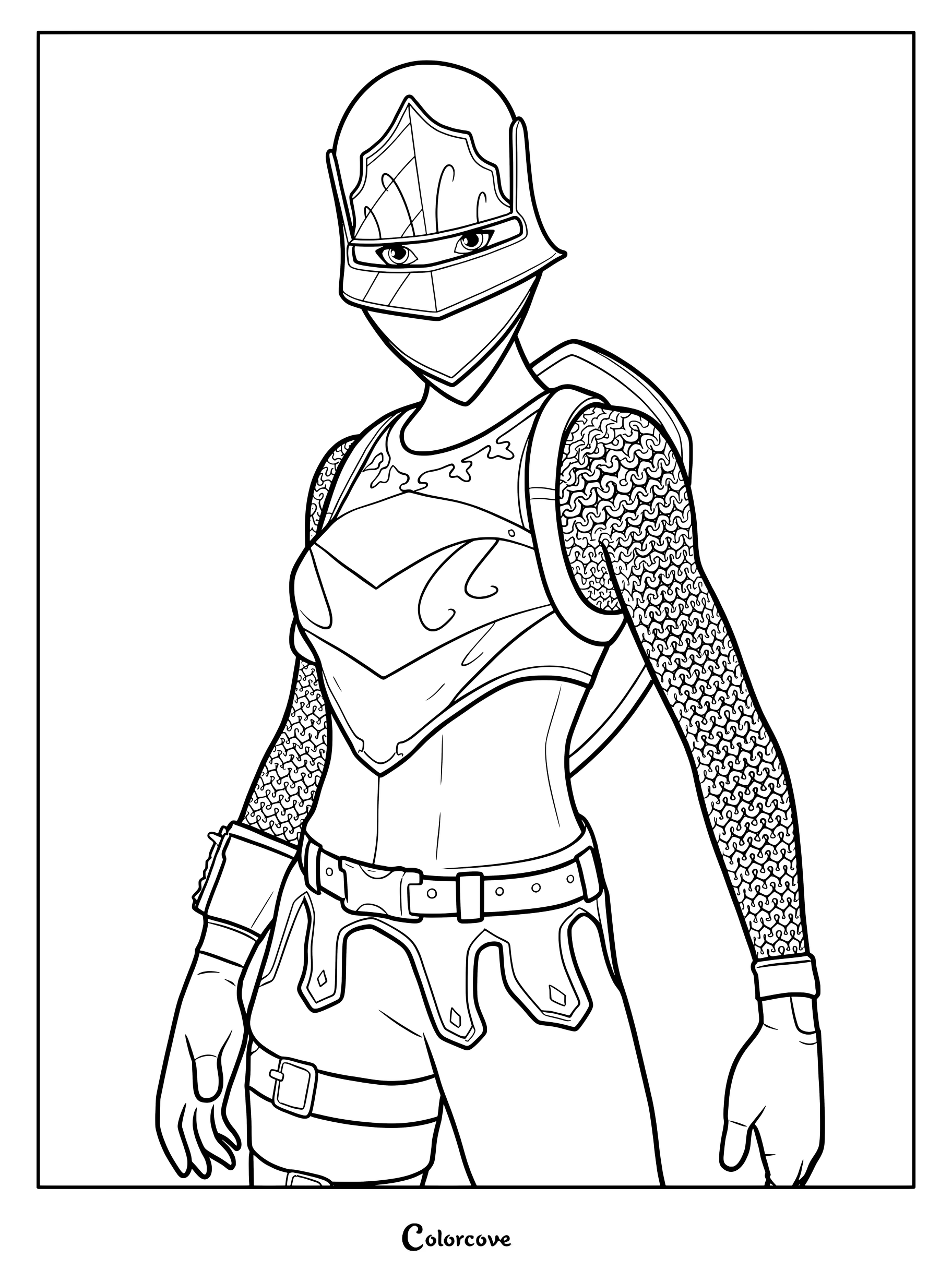 Coloriage à imprimer du Chevalier royal portant des manches en cotte de mailles et un casque médiéval.