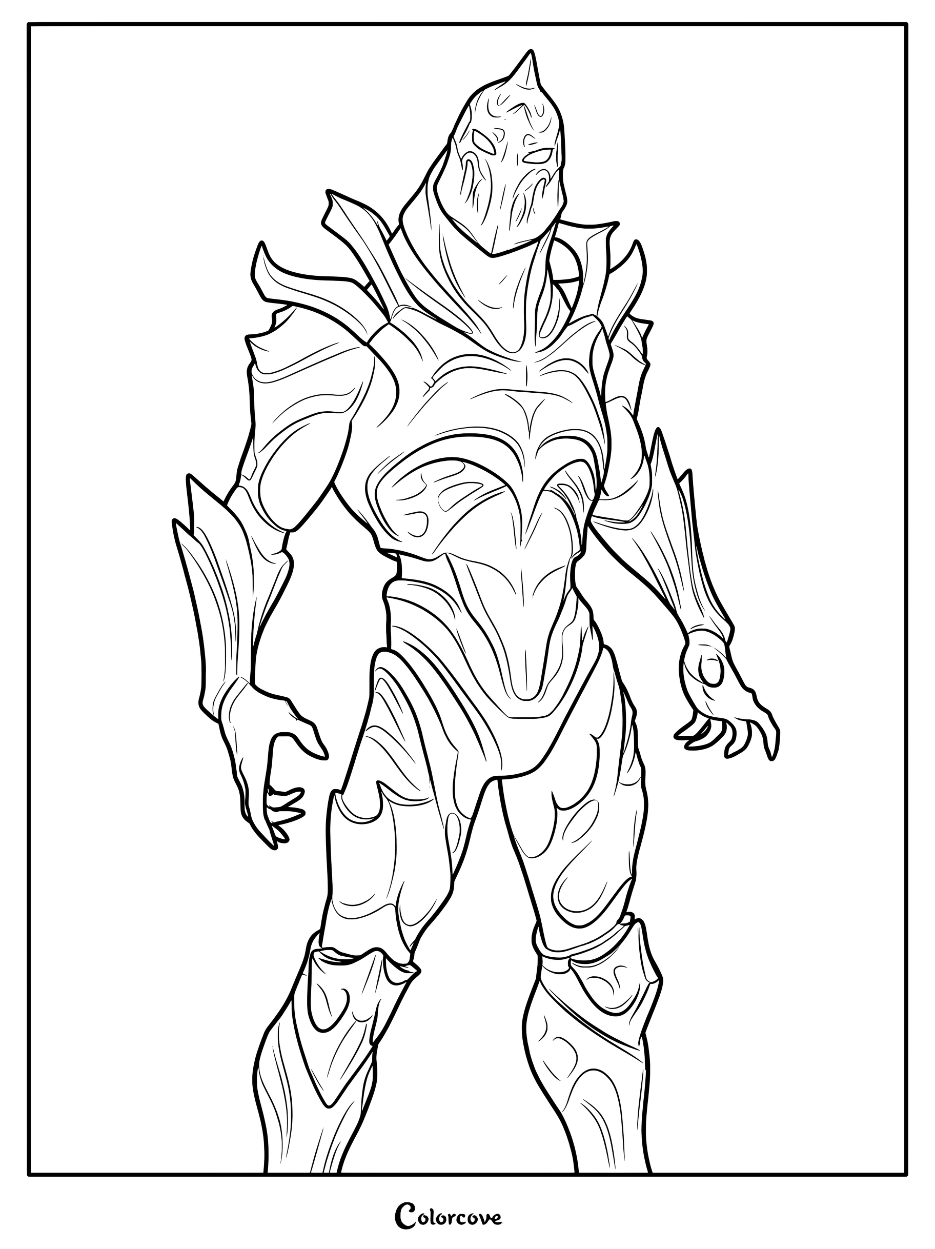 Coloriage du personnage du Skin Fortnite Ruine debout en armure complète.