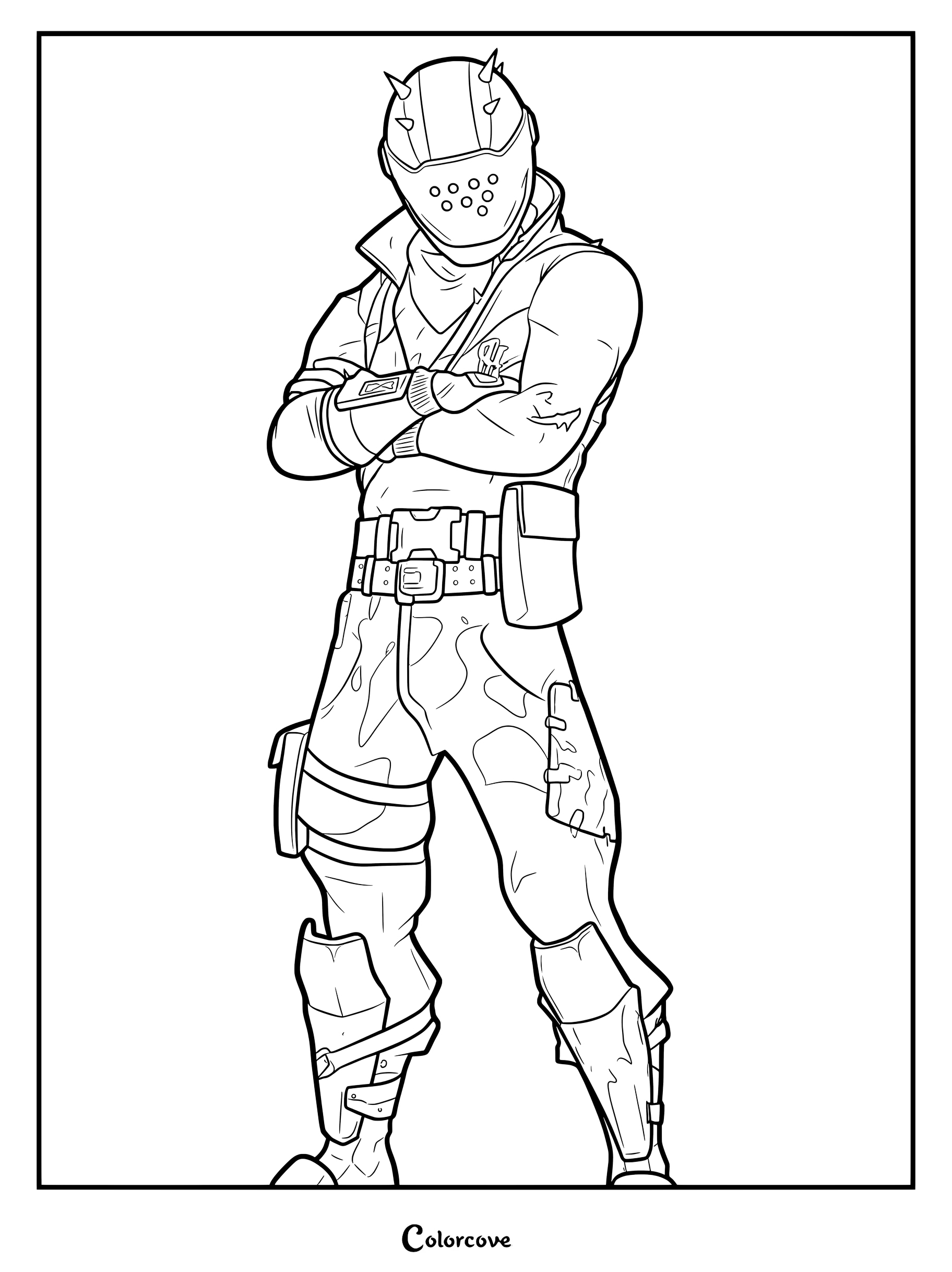 Coloriage à imprimer du Seigneur de la rouille de Fortnite debout, bras croisés en tenue tactique