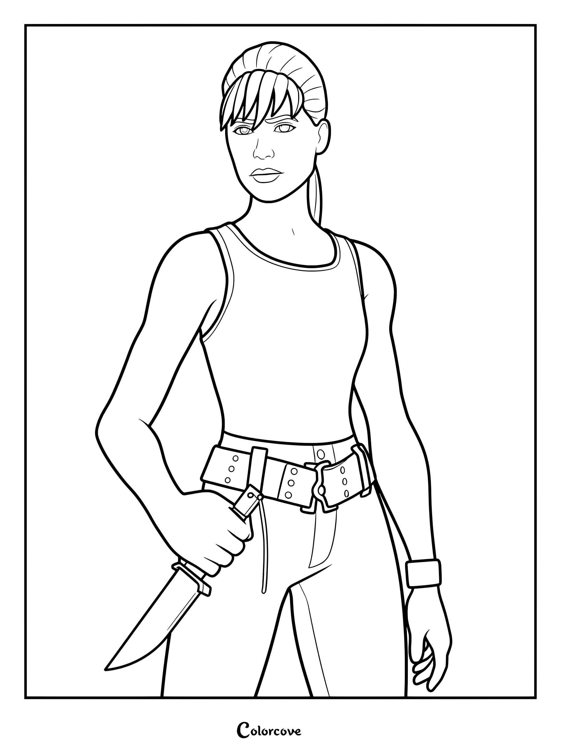 Coloriage du skin Fortnite Sarah Connor montrant le personnage tactique tenant un couteau de combat avec une ceinture utilitaire et un débardeur