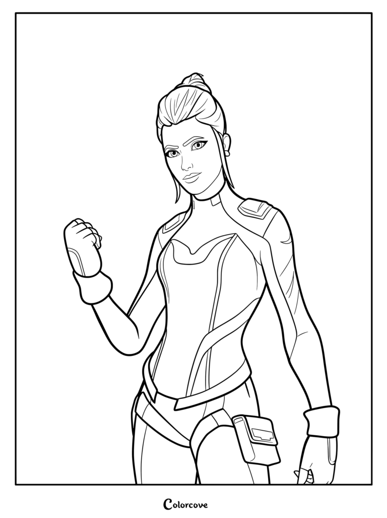 Page de coloriage du skin Fortnite Singularité montrant le personnage dans une tenue futuriste le poing levé