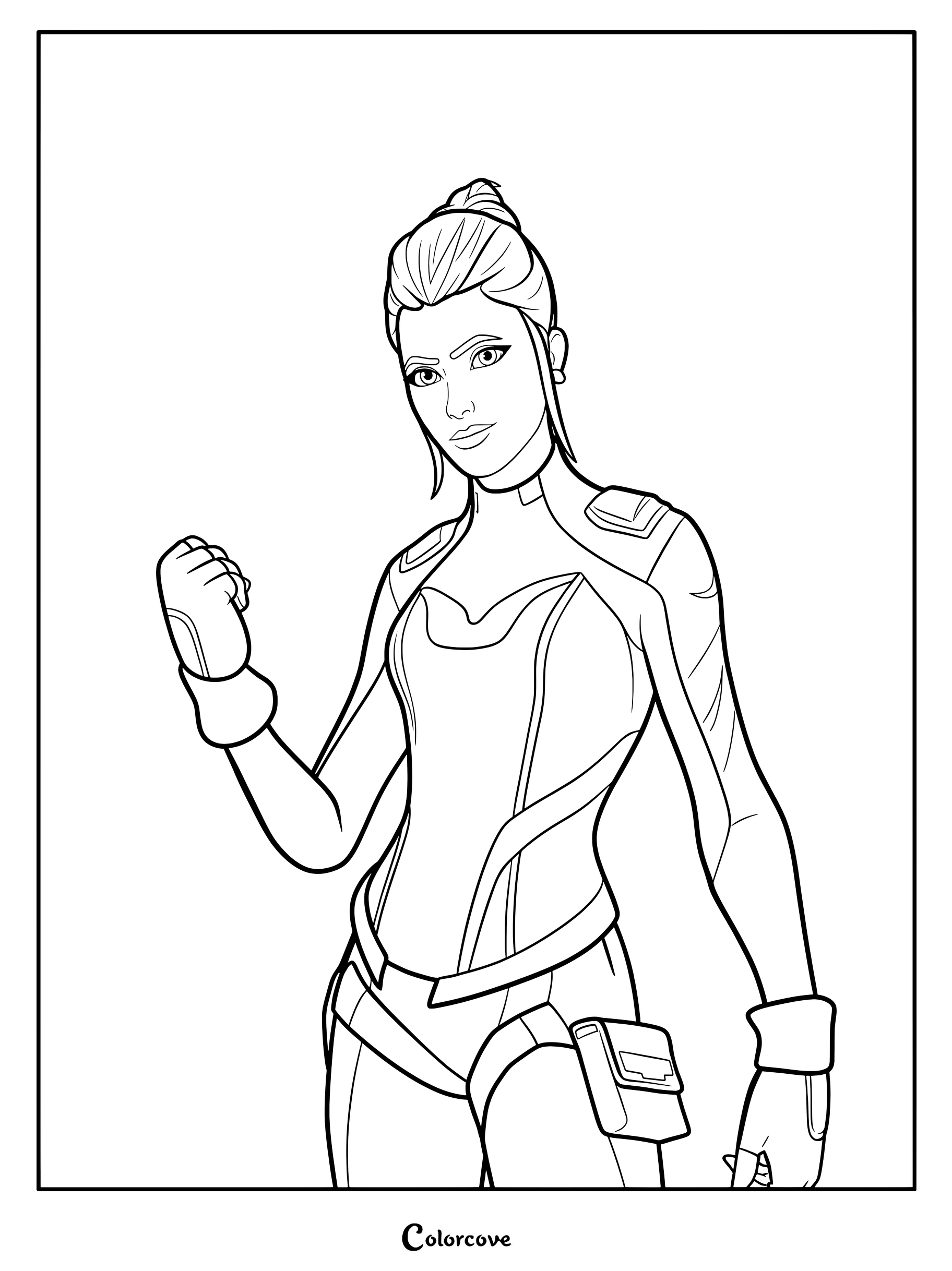 Coloriage du Skin Fortnite Singularité dans une tenue futuriste, le poing levé