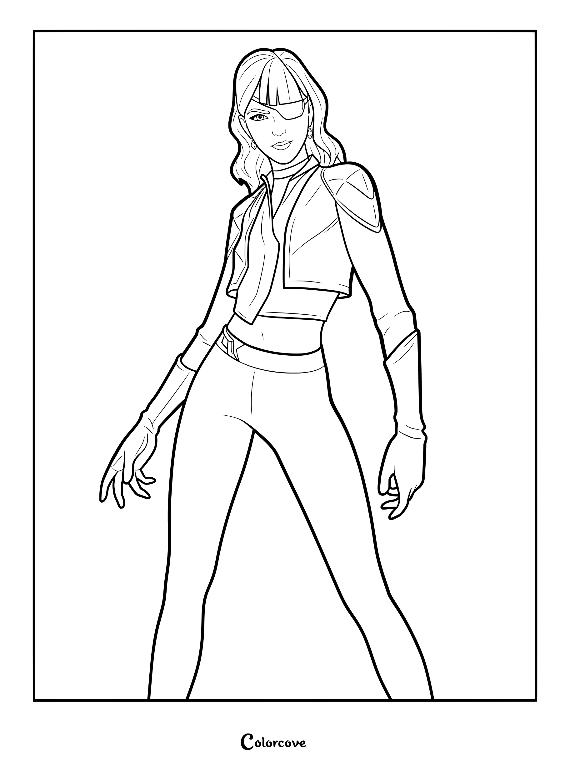 Coloriage à imprimer de Siren de Fortnite avec son cache-œil emblématique et sa tenue tactique élégante