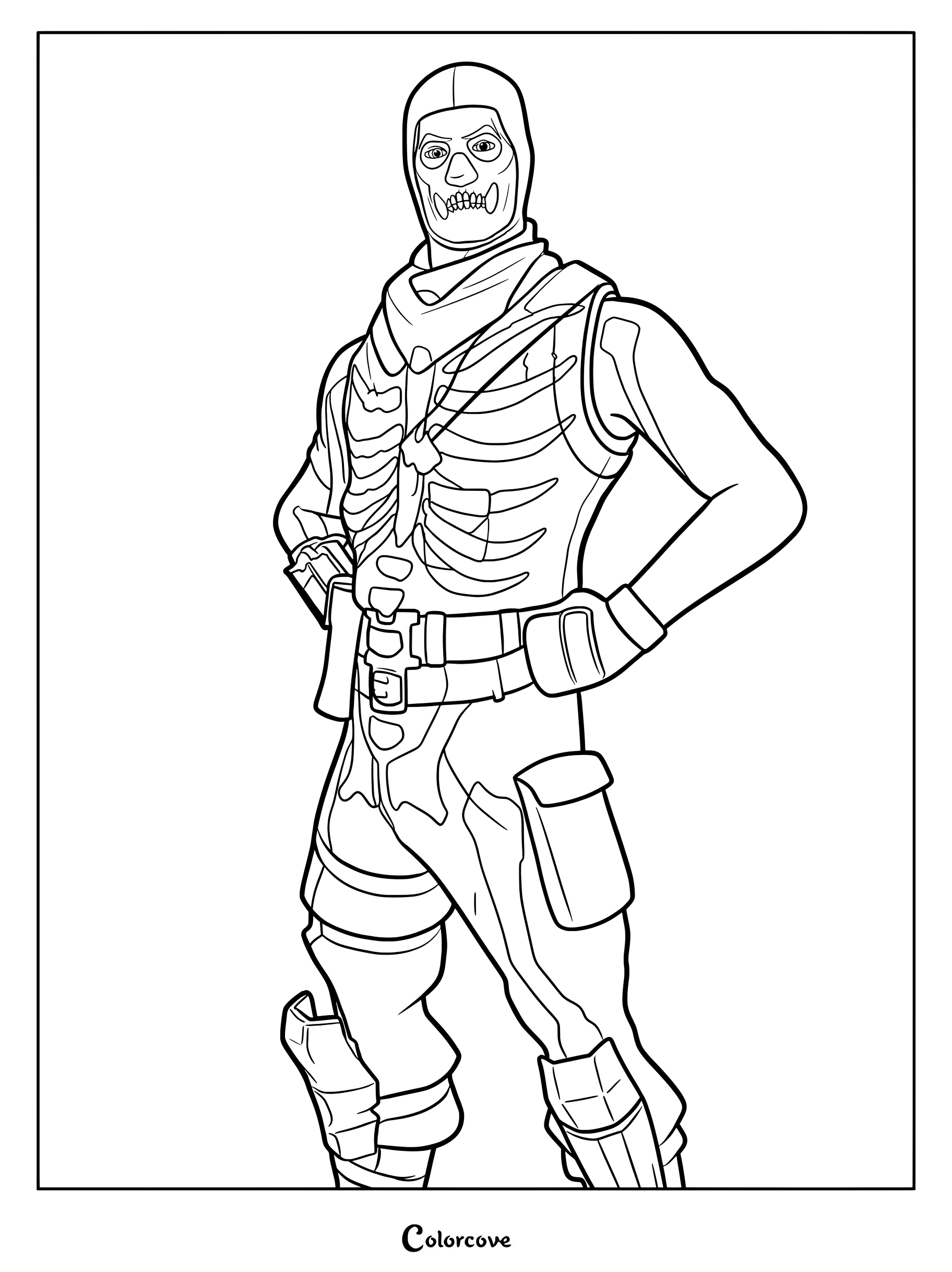 Coloriage du Soldat Skull mettant en avant la tenue emblématique de Fortnite avec son motif squelette et sa capuche.