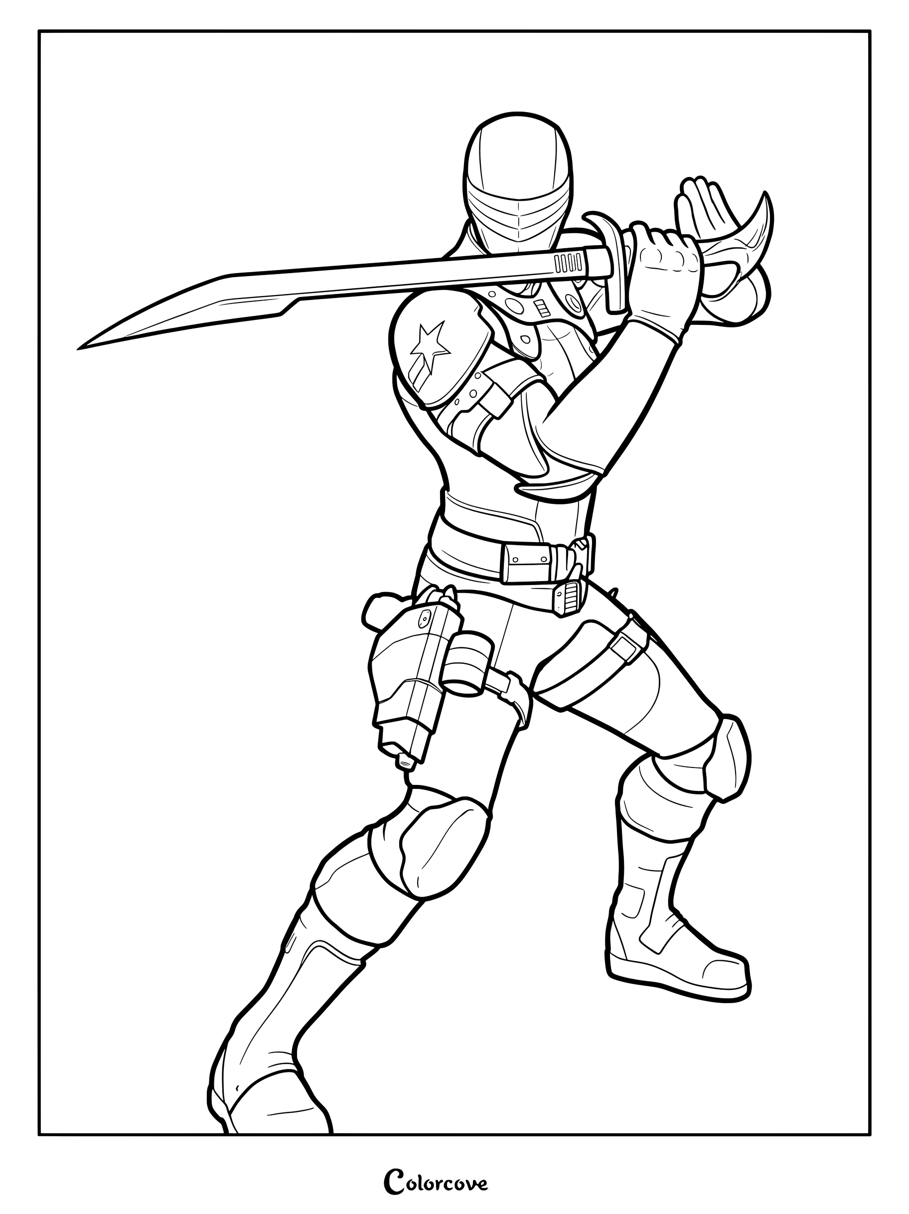 Coloriage du skin Fortnite Snake Eyes tenant un sabre en posture de combat
