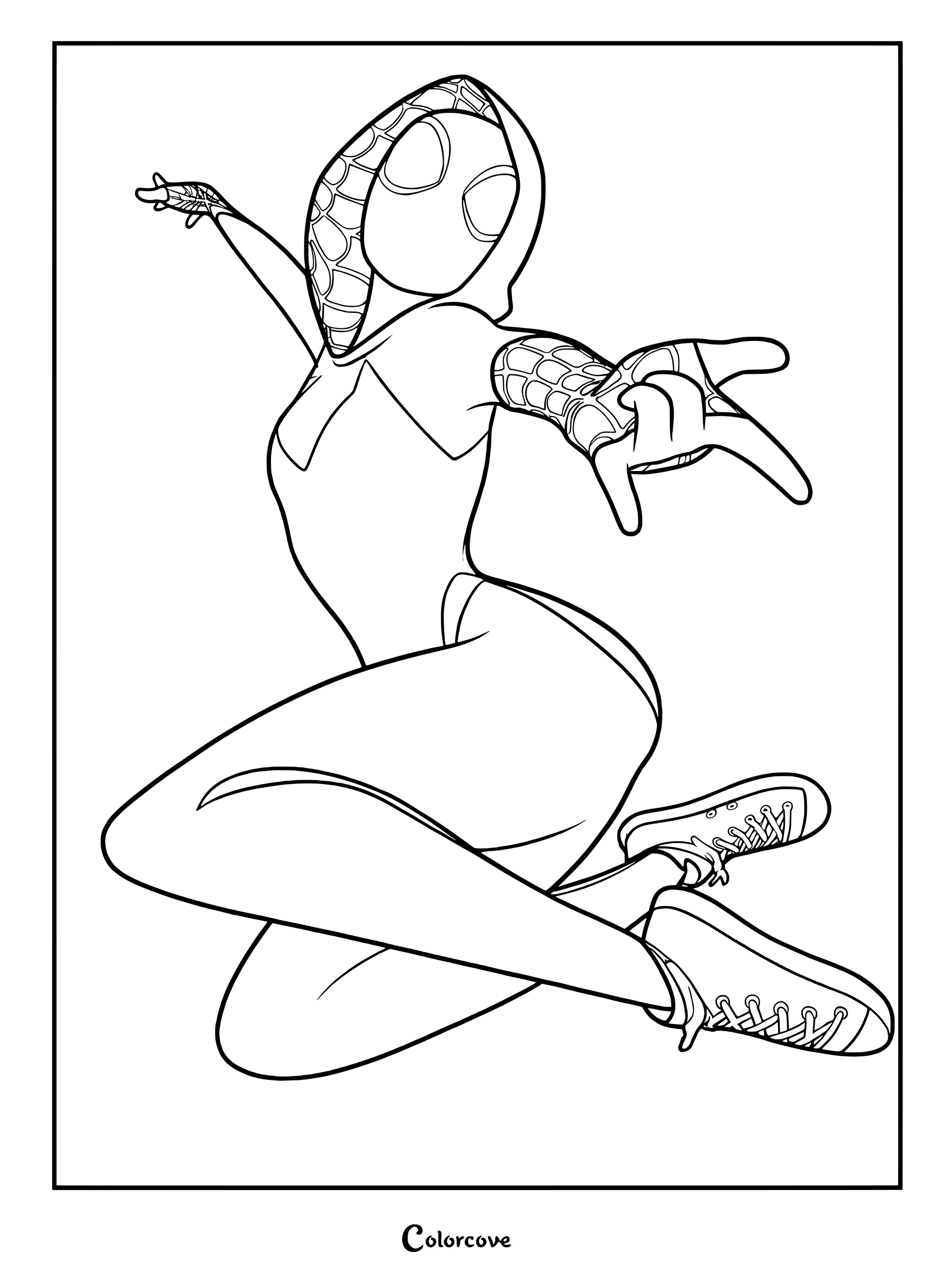 Le skin Fortnite Spider-Gwen prenant une pose dynamique en jetant des toiles pour un coloriage à imprimer