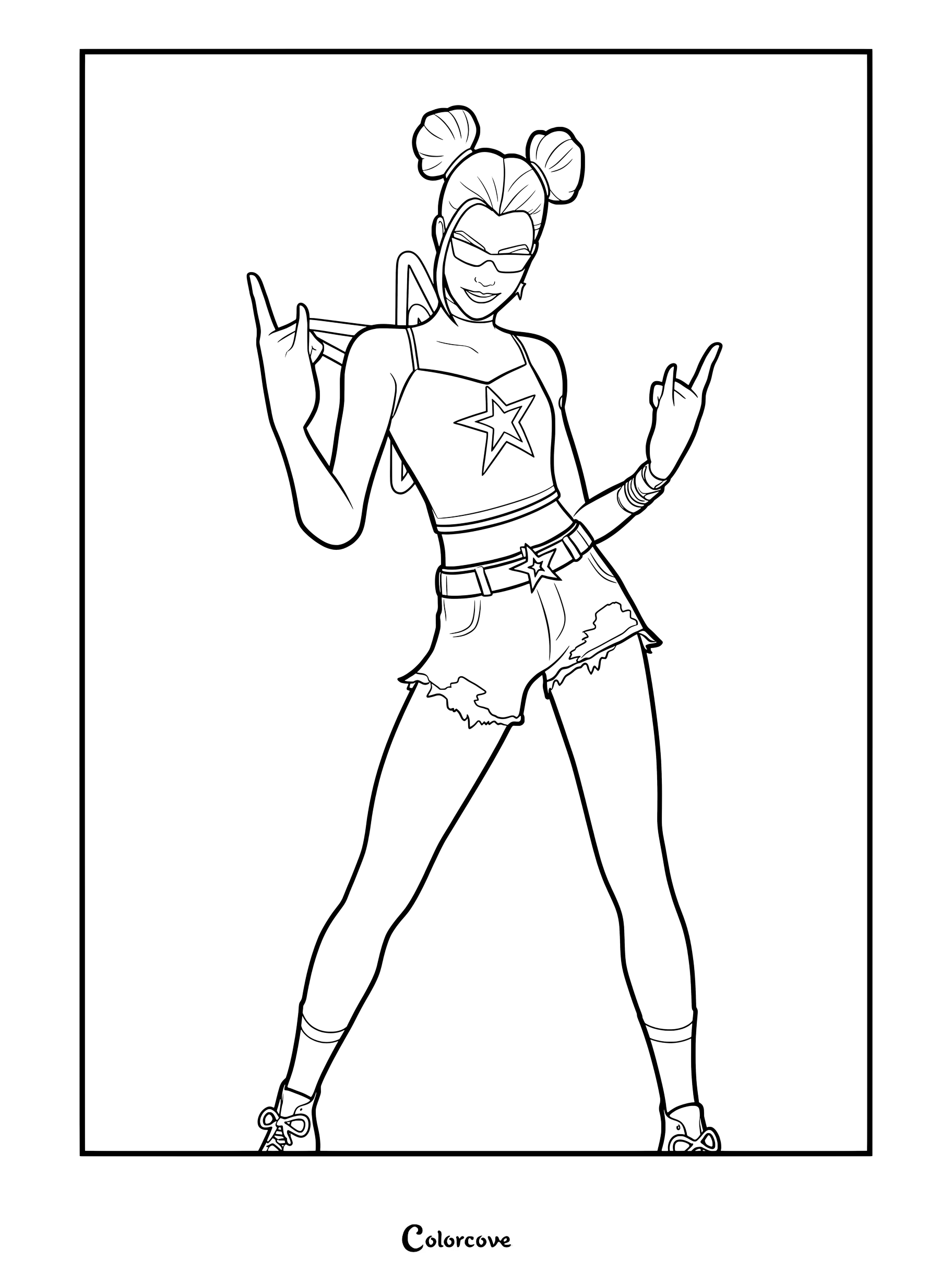 Coloriage de Surf Witch avec le Skin Fortnite en haut étoilé et short faisant le signe des cornes