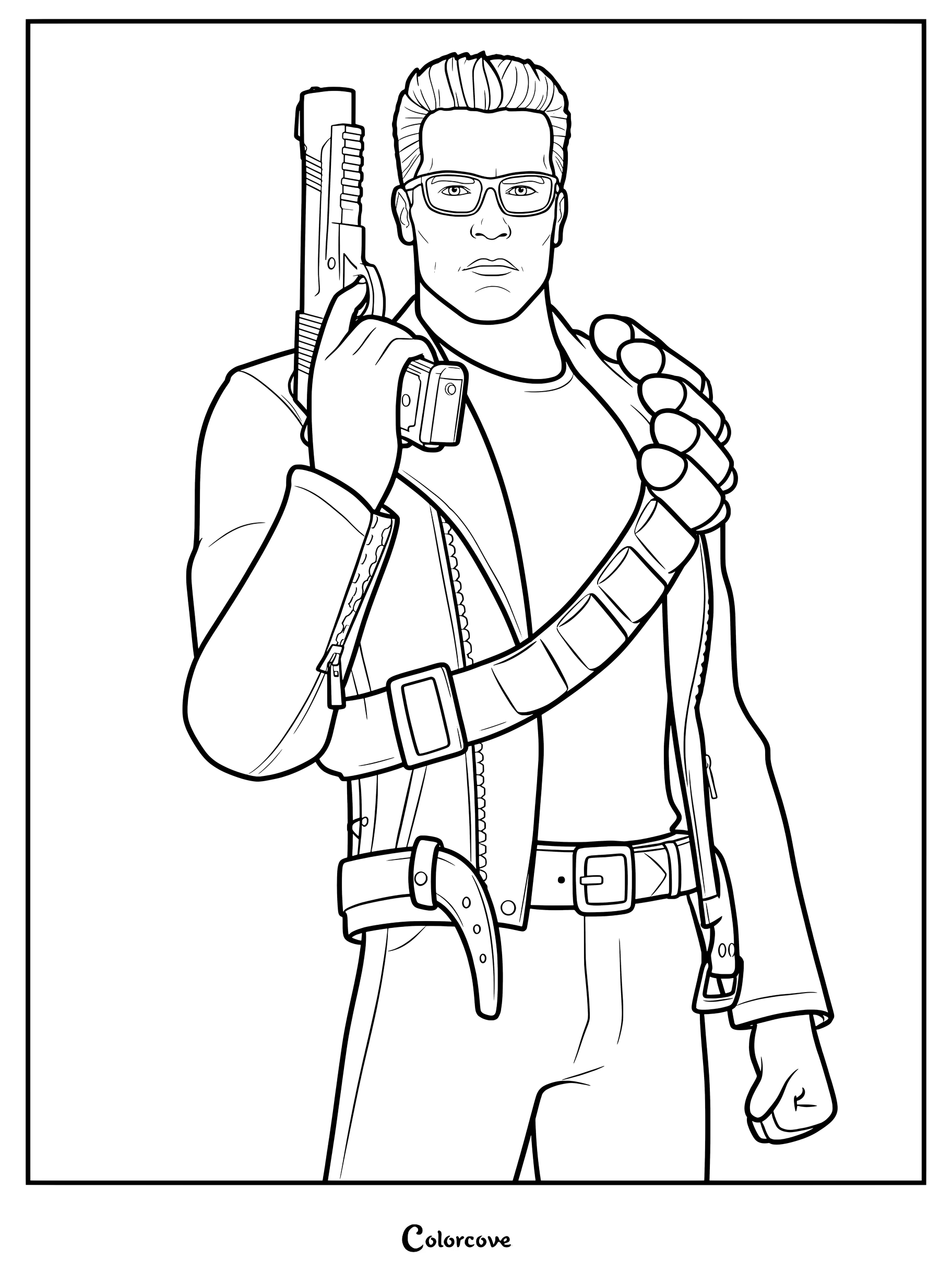 Coloriage du skin Fortnite Terminator représentant le personnage portant des lunettes et tenant un pistolet