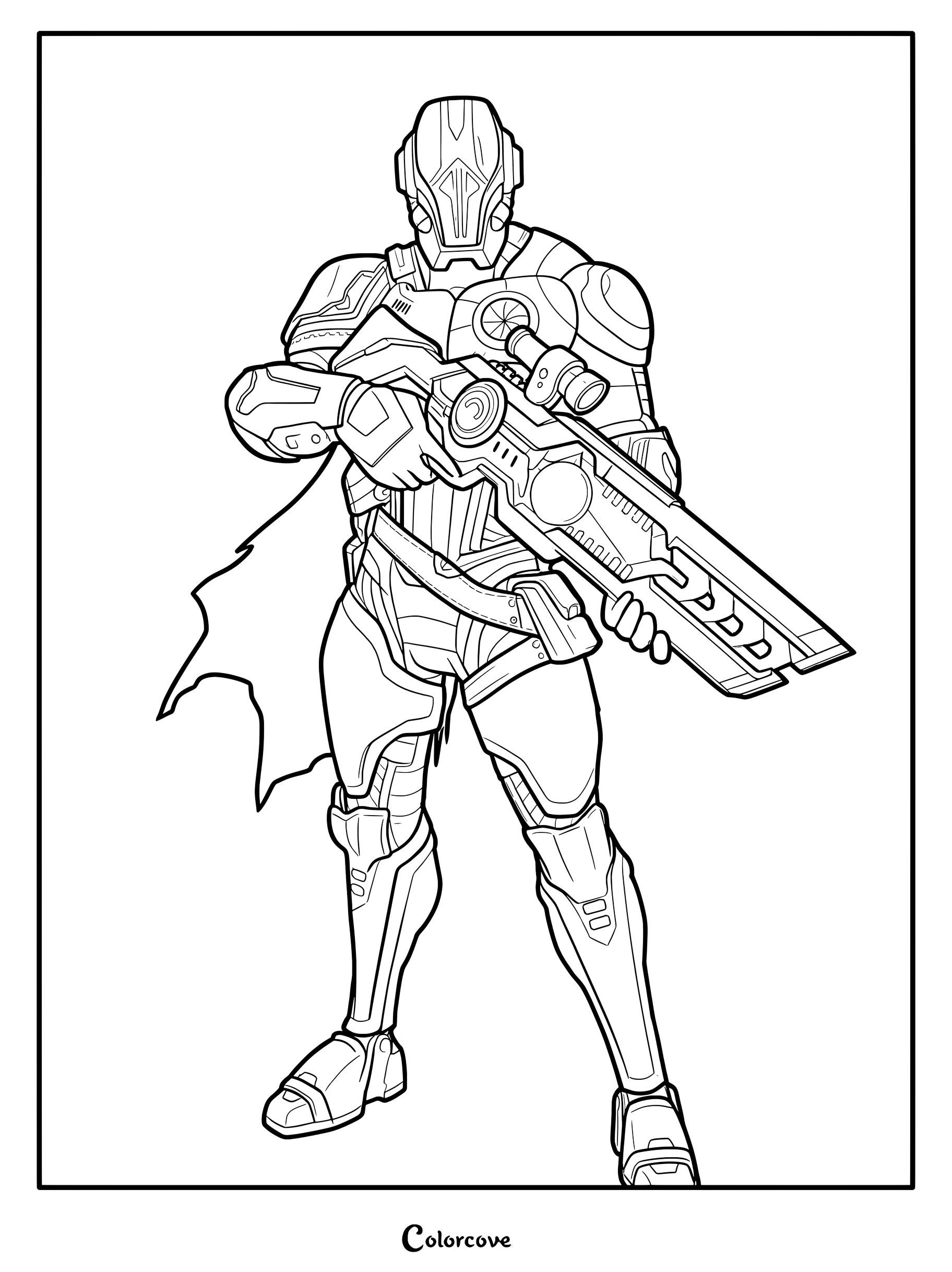 Coloriage à imprimer du skin Fortnite La Fondation tenant une arme futuriste lourde avec une cape et une armure