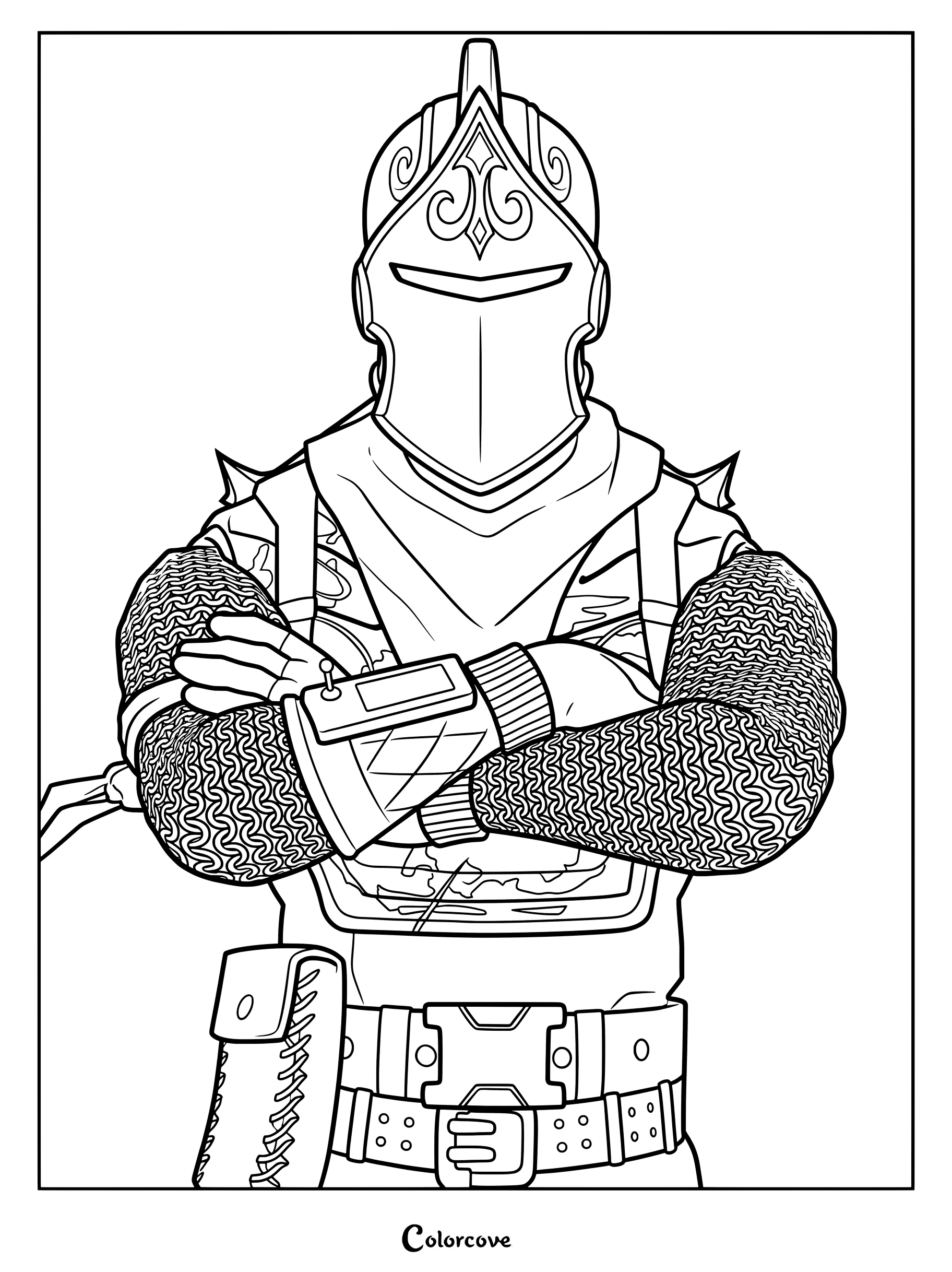 Coloriage du Chevalier noir présentant le personnage blindé avec un casque médiéval détaillé et des manches en cotte de mailles.