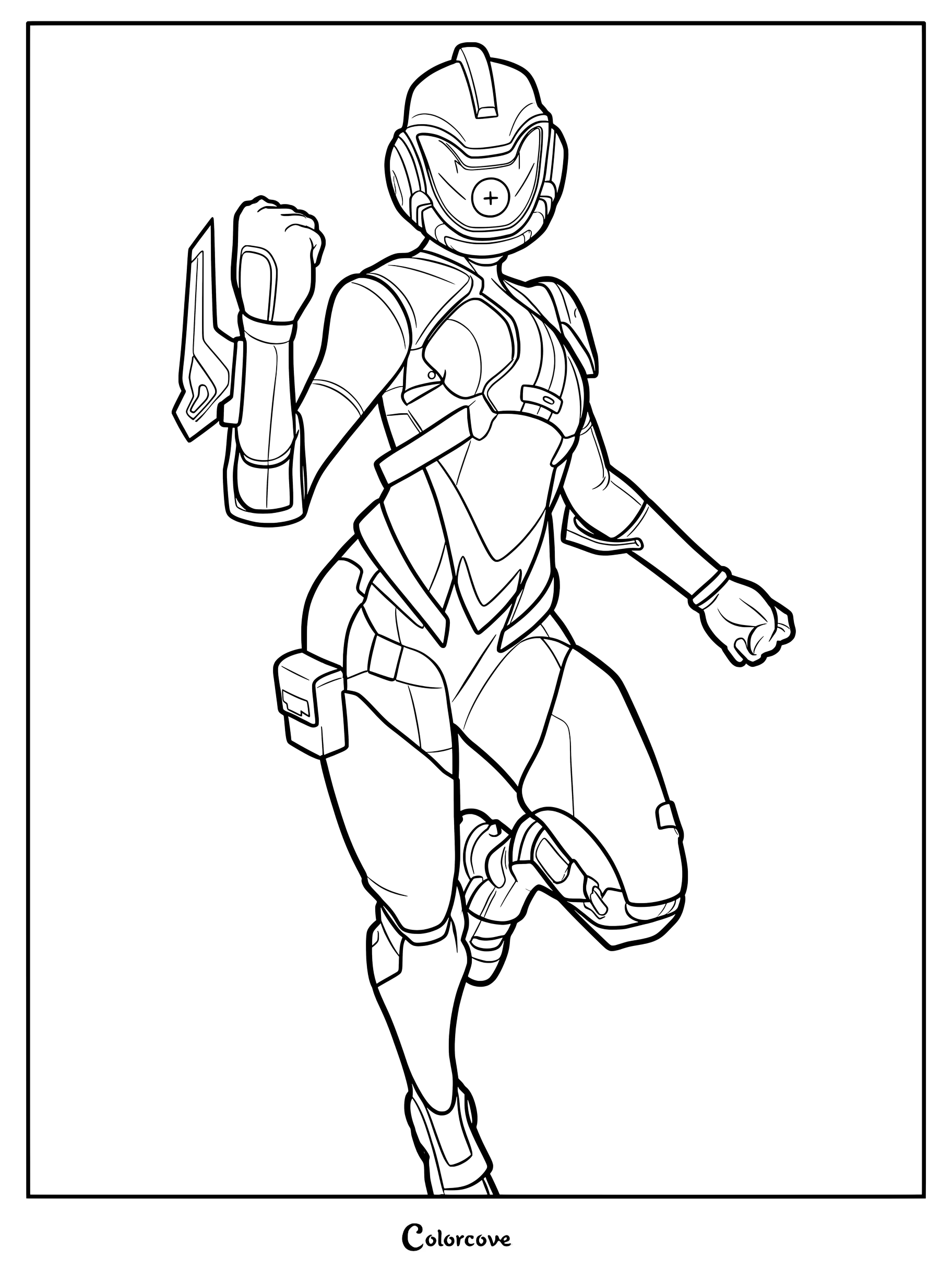 Coloriage du skin Fortnite La Paradigme présentant sa combinaison blindée et son casque futuriste dans une pose d'action dynamique