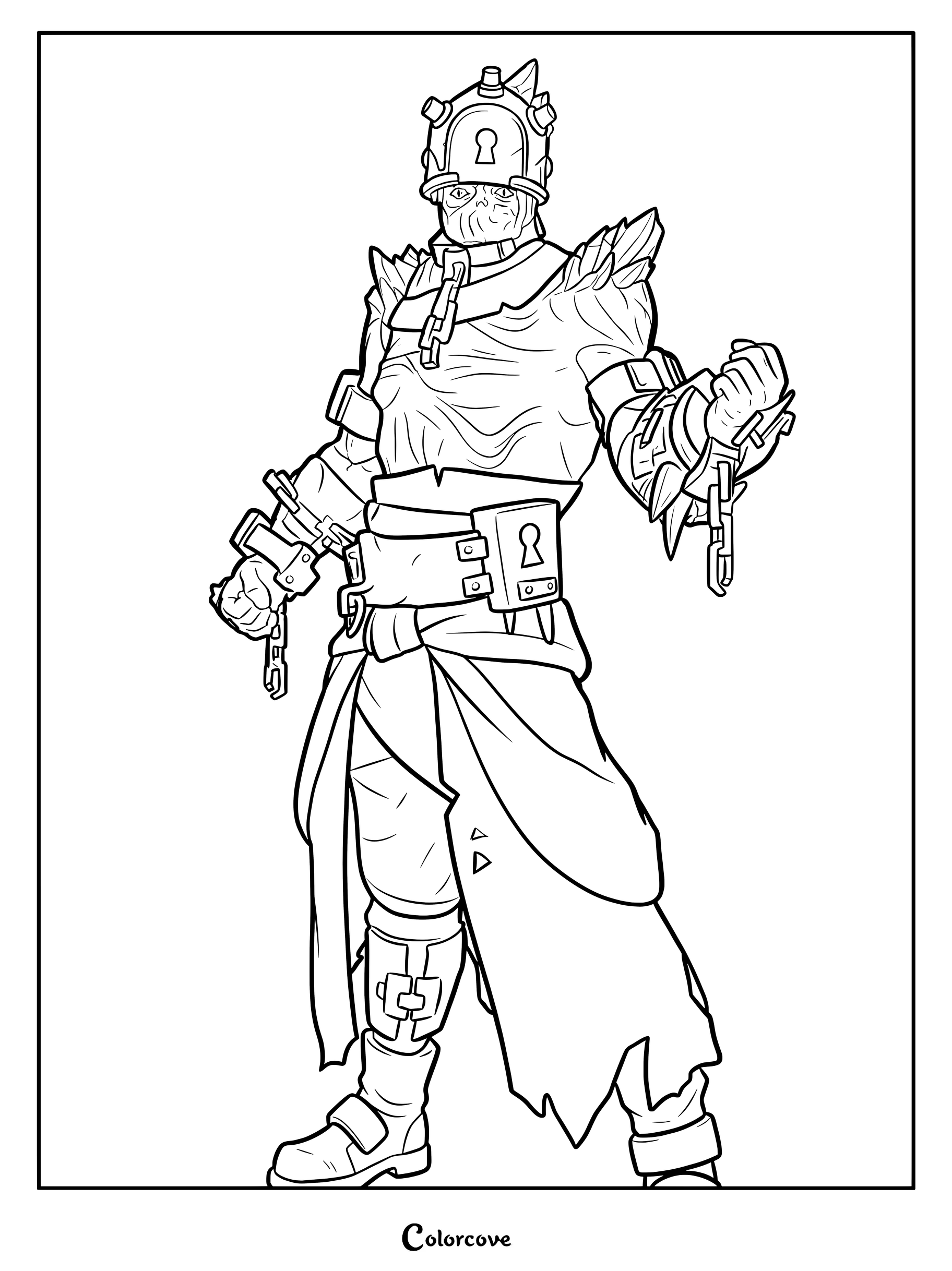 Coloriage du Skin Fortnite Le Prisonnier représentant le personnage enchaîné avec son casque cadenassé.