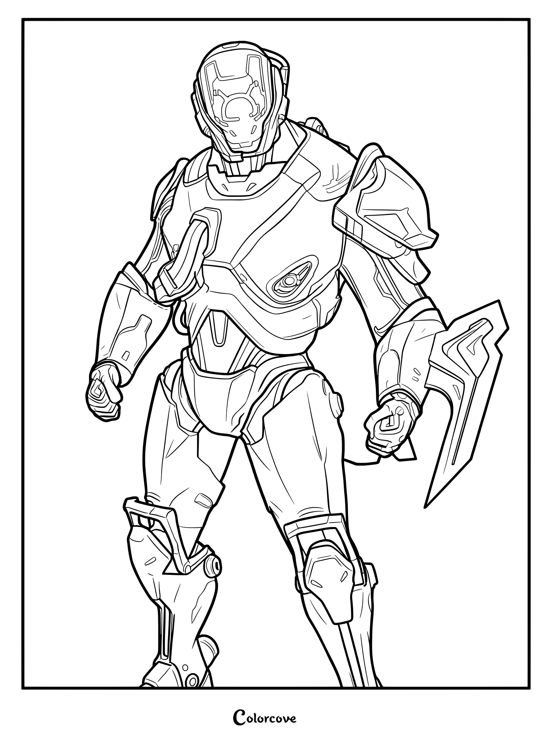 Coloriage à imprimer du Le Scientifique de Fortnite arborant une armure lourde et un casque robotique