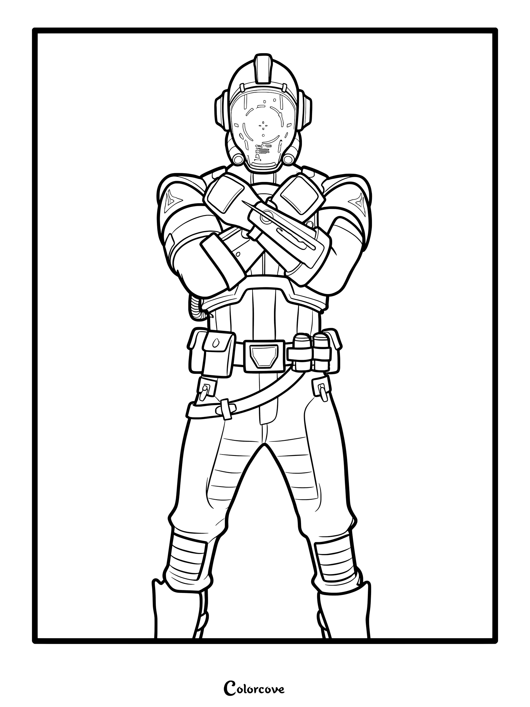 Coloriage du skin Fortnite Le Visiteur représentant le personnage en armure avec les bras croisés
