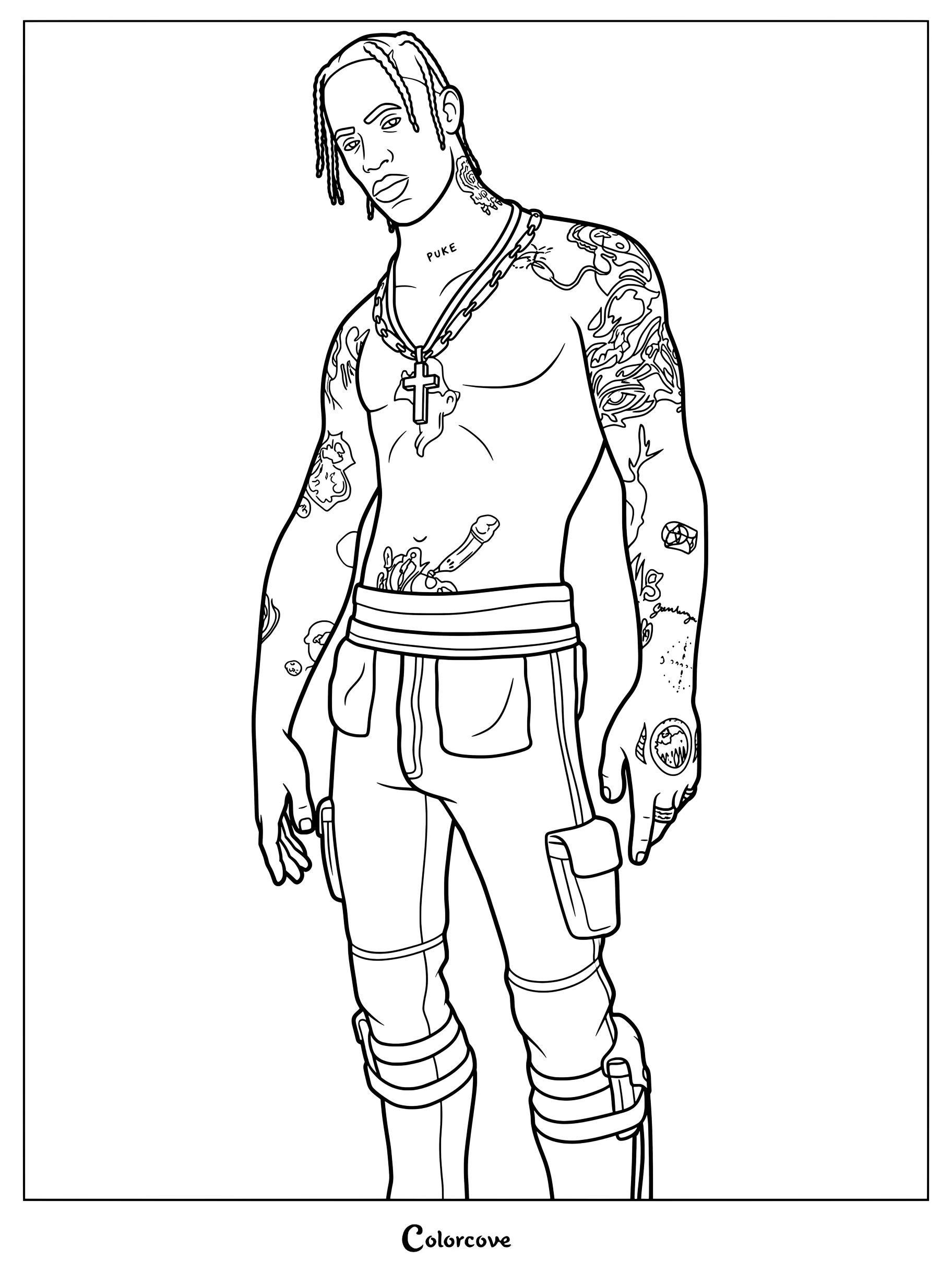 Coloriage du skin Fortnite Travis Scott montrant des tatouages détaillés et les lignes d'un pantalon cargo