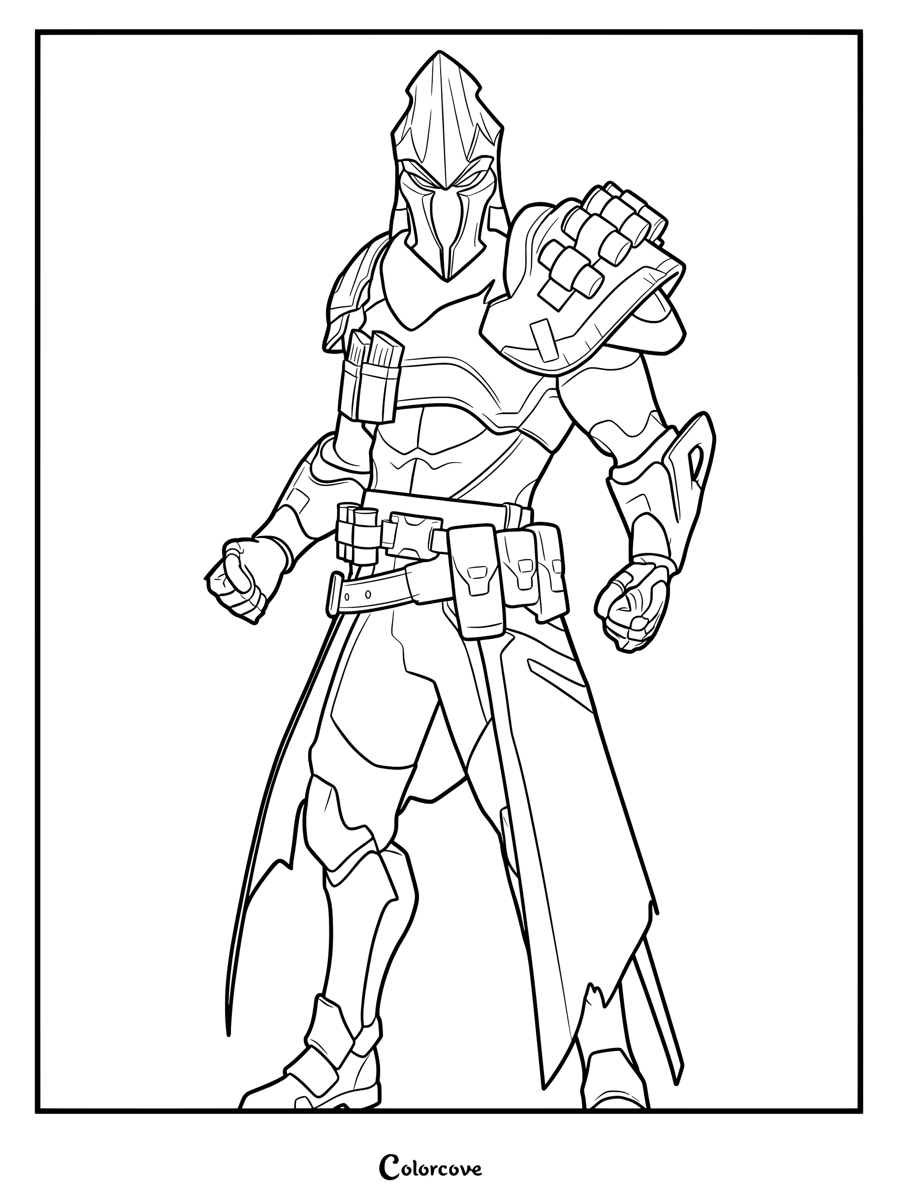 Coloriage du Skin Fortnite Chevalier Ultima avec une armure médiévale détaillée et des poches tactiques.