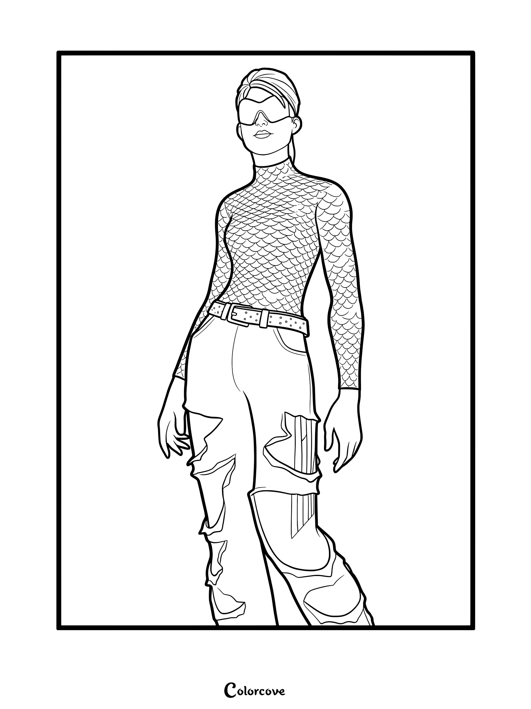 Ramirez déchaînée portant un haut à motifs d'écailles et un pantalon déchiré dans ce coloriage