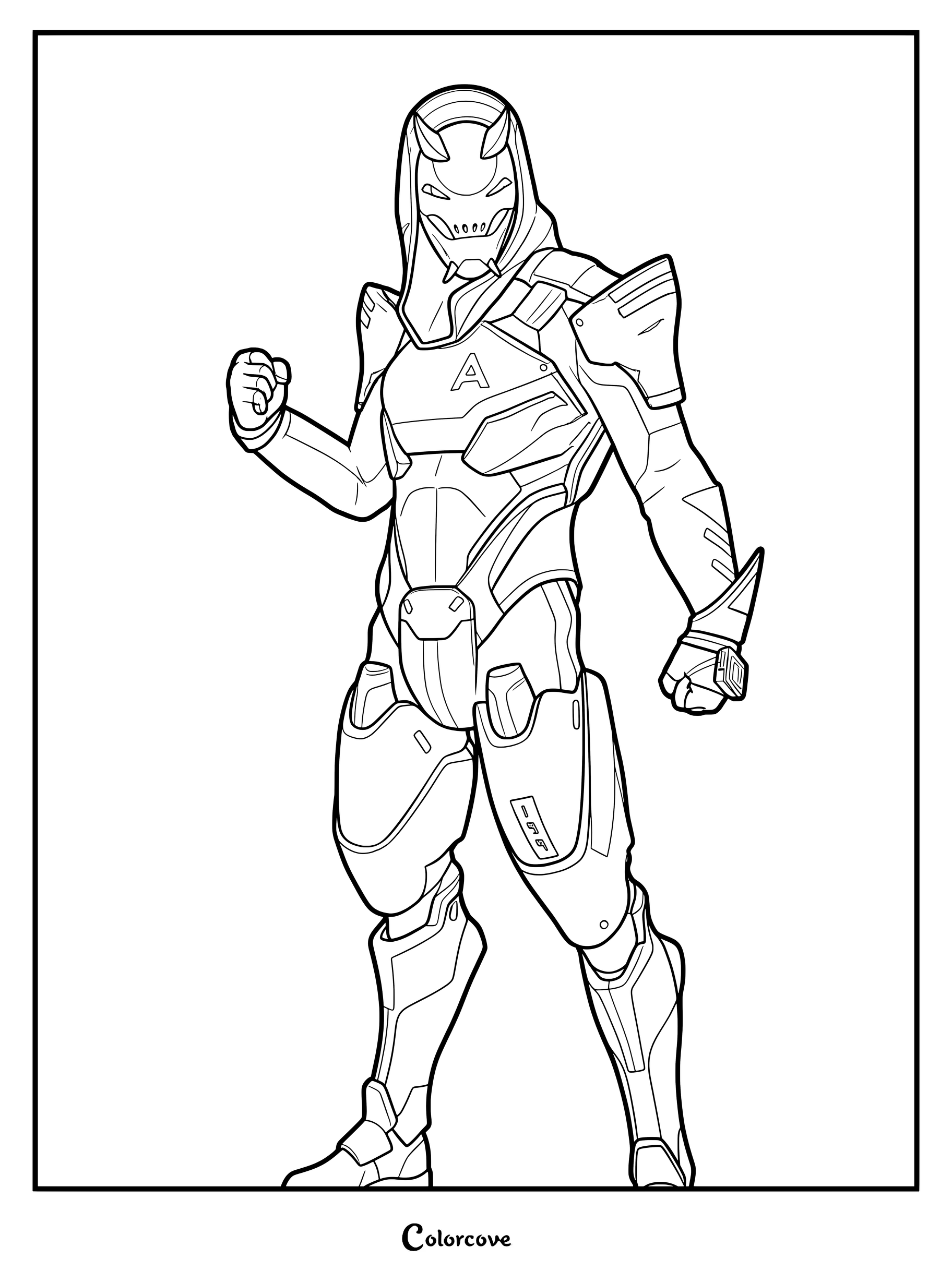 Coloriage du Skin Fortnite Vendetta avec le personnage en armure portant un masque à capuche et une tenue de combat