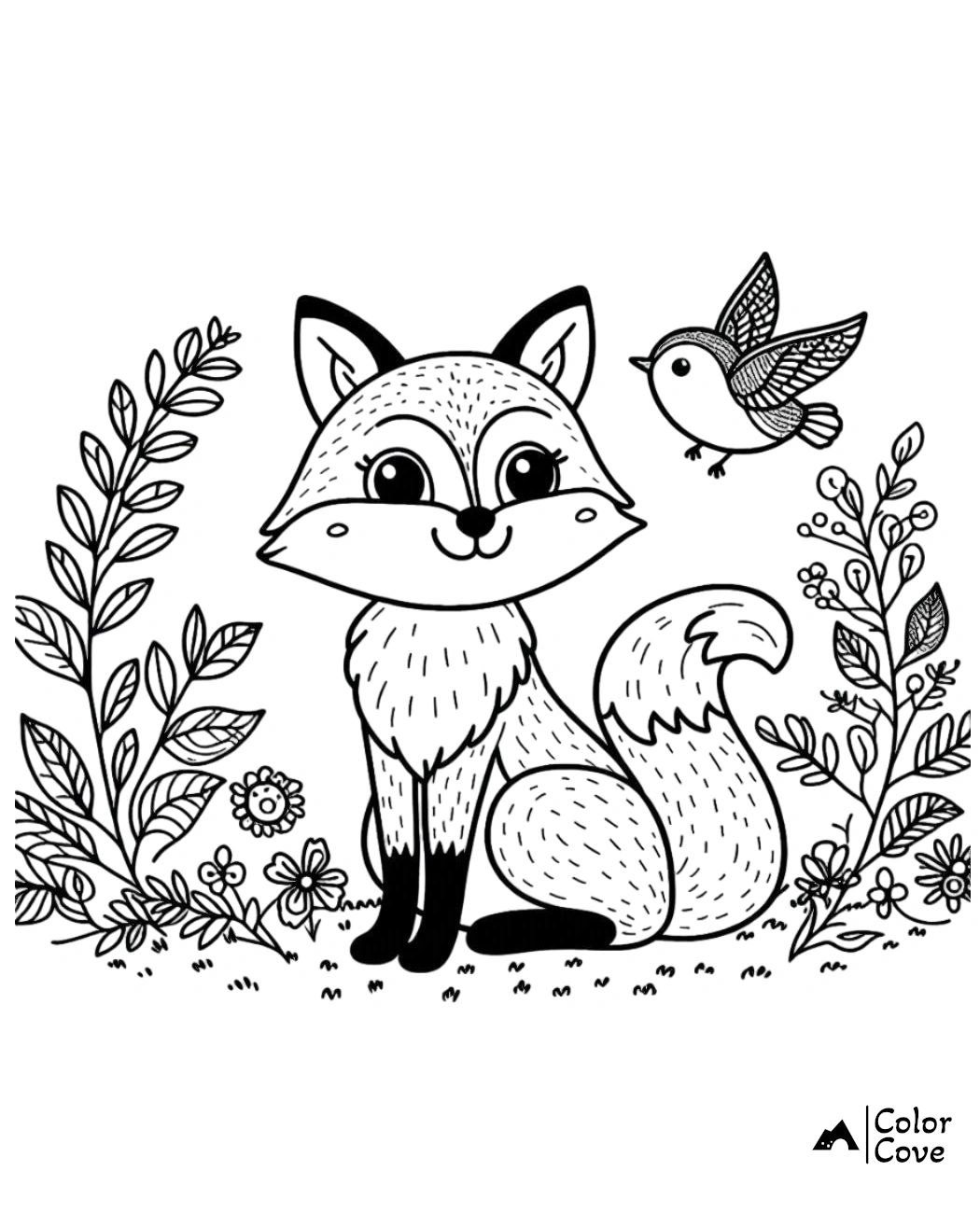 a black and white drawing of a fox and a bird