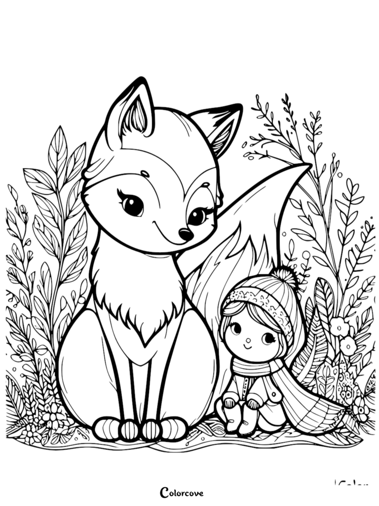Page de coloriage fantaisiste représentant un adorable renard assis à côté d'une petite fille portant un bonnet d'hiver et une écharpe dans un décor de forêt florale.