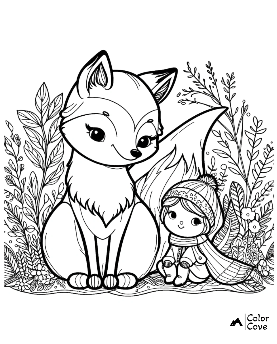 a black and white drawing of a fox and a doll