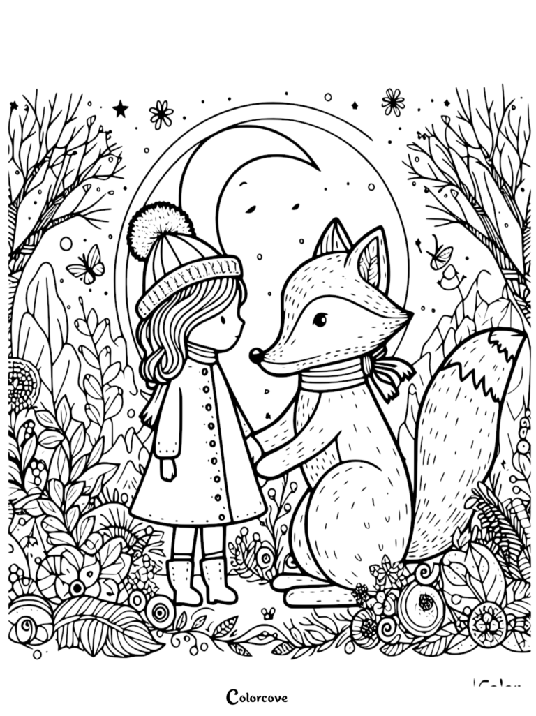 Une fille en bonnet d'hiver et manteau tenant la main d'un adorable renard sous un croissant de lune dans un jardin botanique, page de coloriage détaillée au trait.