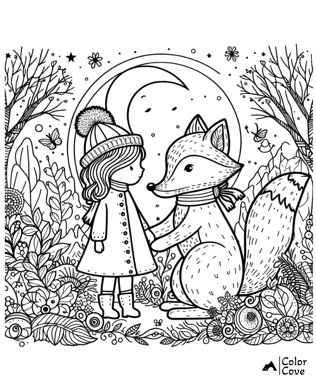 a girl and a fox in a forest